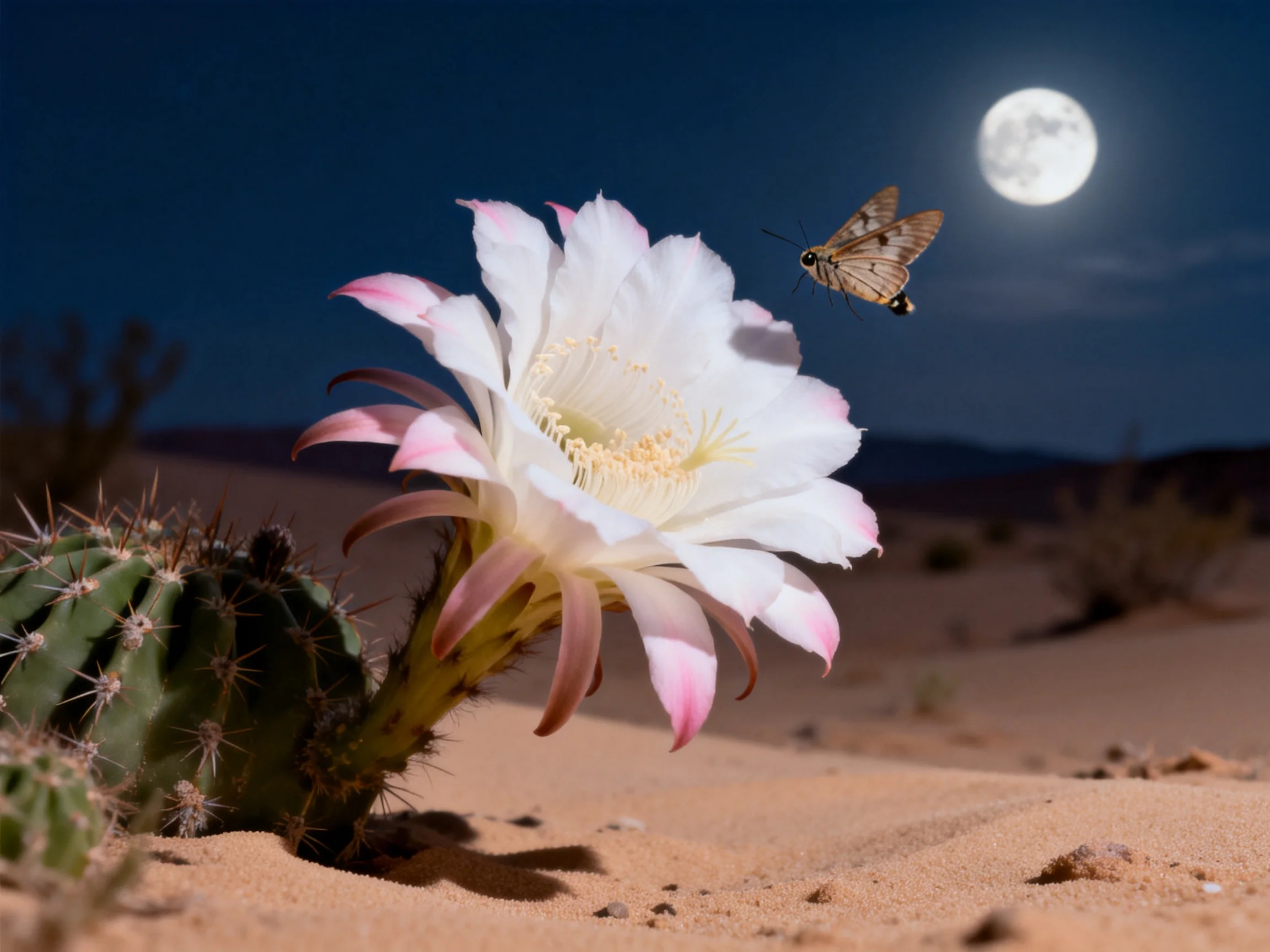Blooming cactus flower in desert under full moon