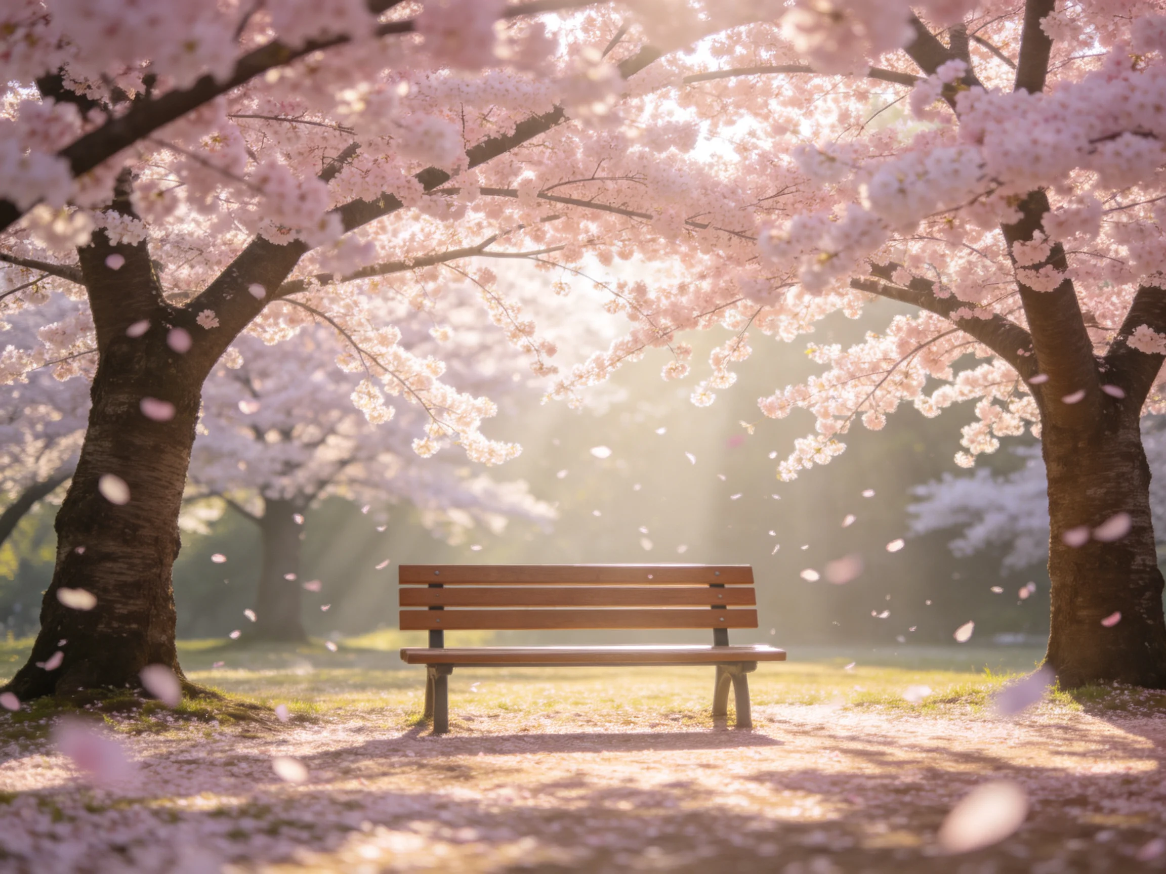 Blooming cherry blossom trees surround a wooden bench with sunlight filtering through