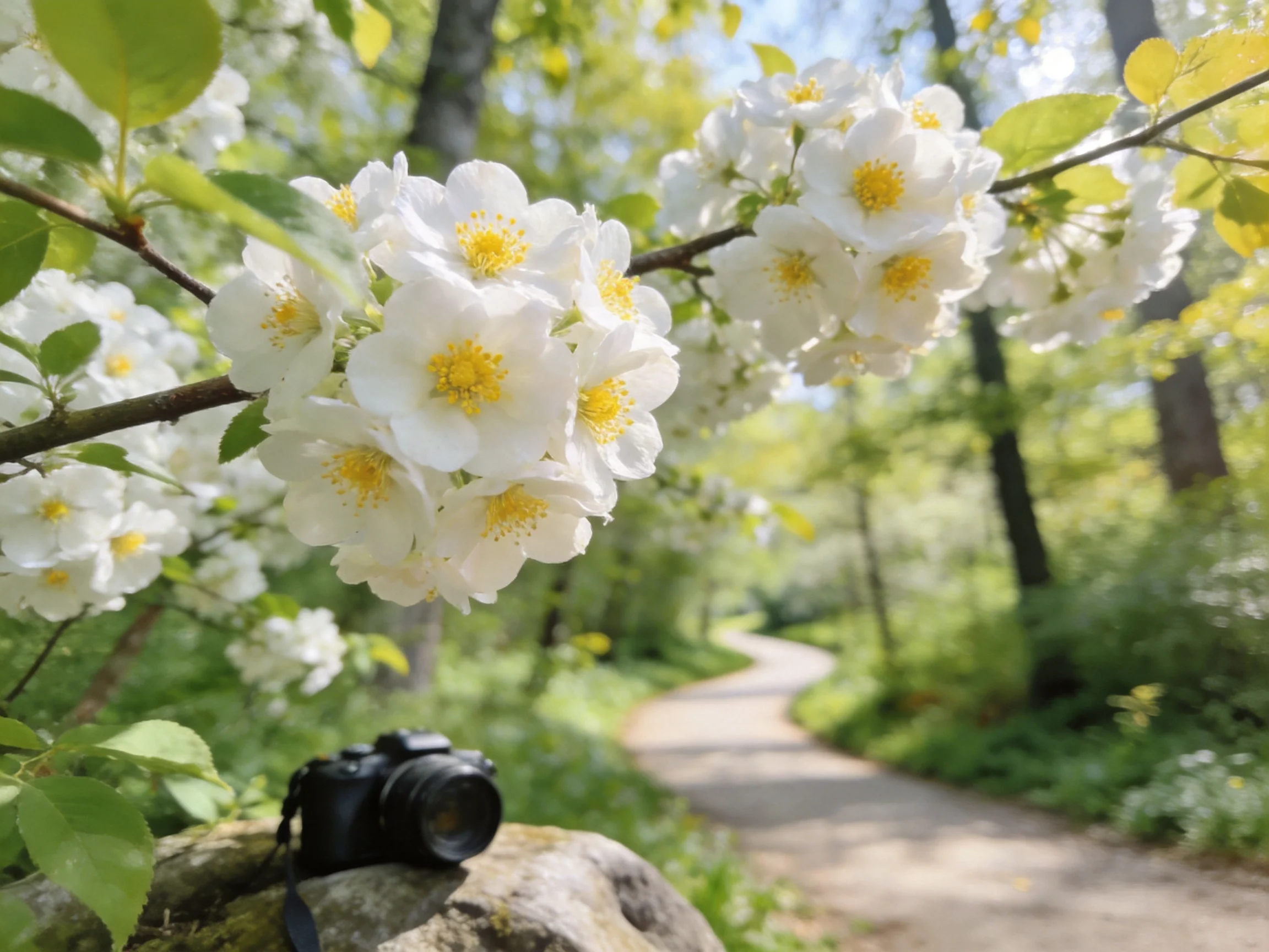 Blossoming White Flowers Near a Forest Path with a Camera
