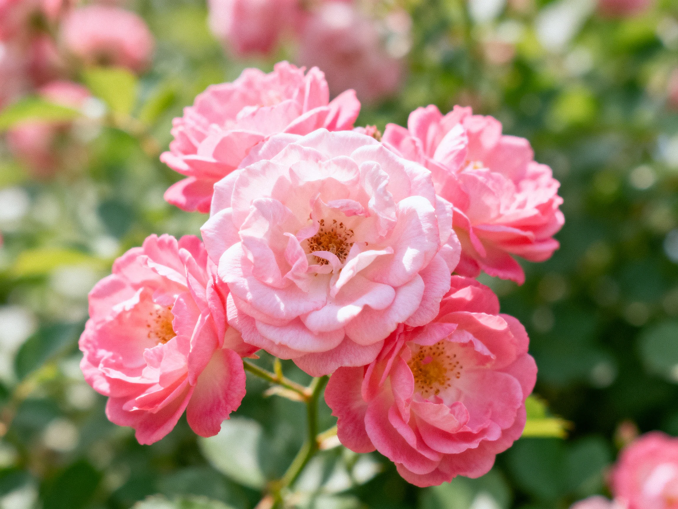 Blossoming cluster of soft pink roses in lush green surroundings