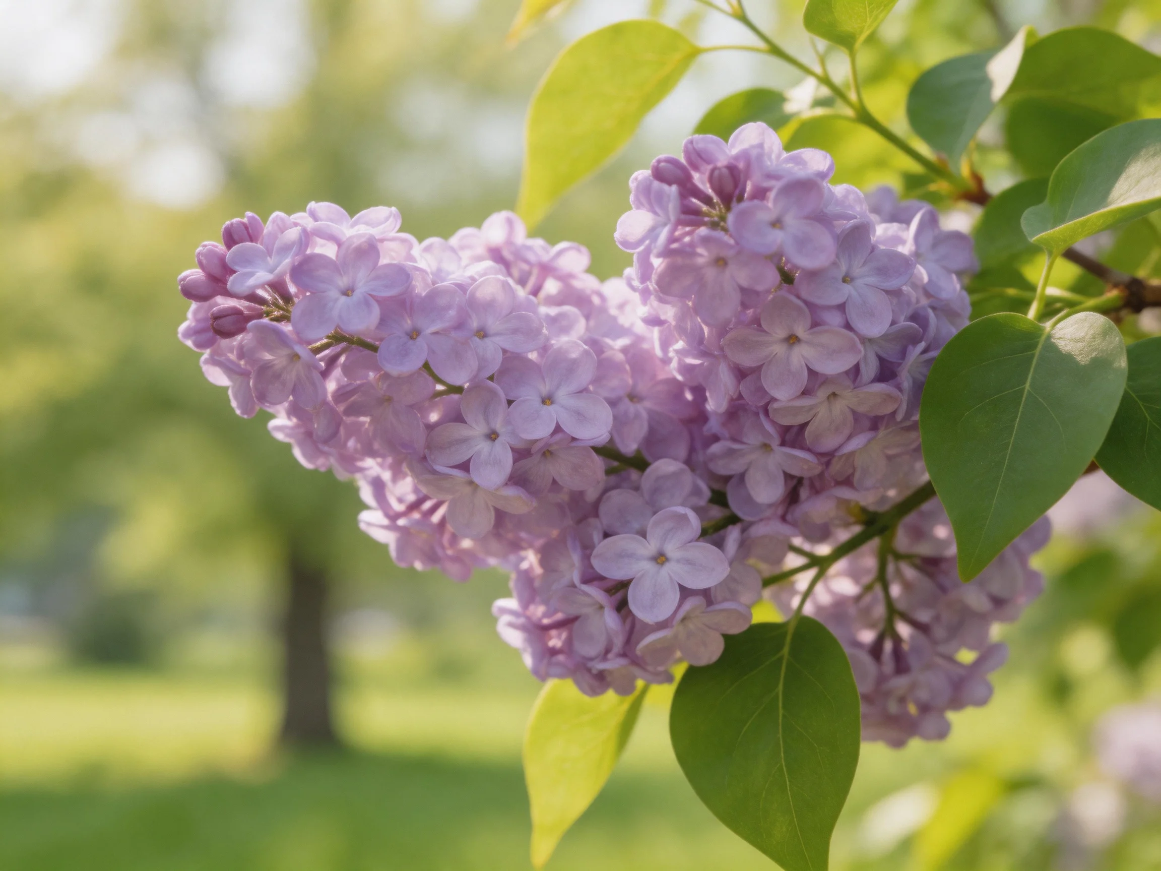 Blossoming purple lilacs cluster among glossy green leaves in a sunlit garden