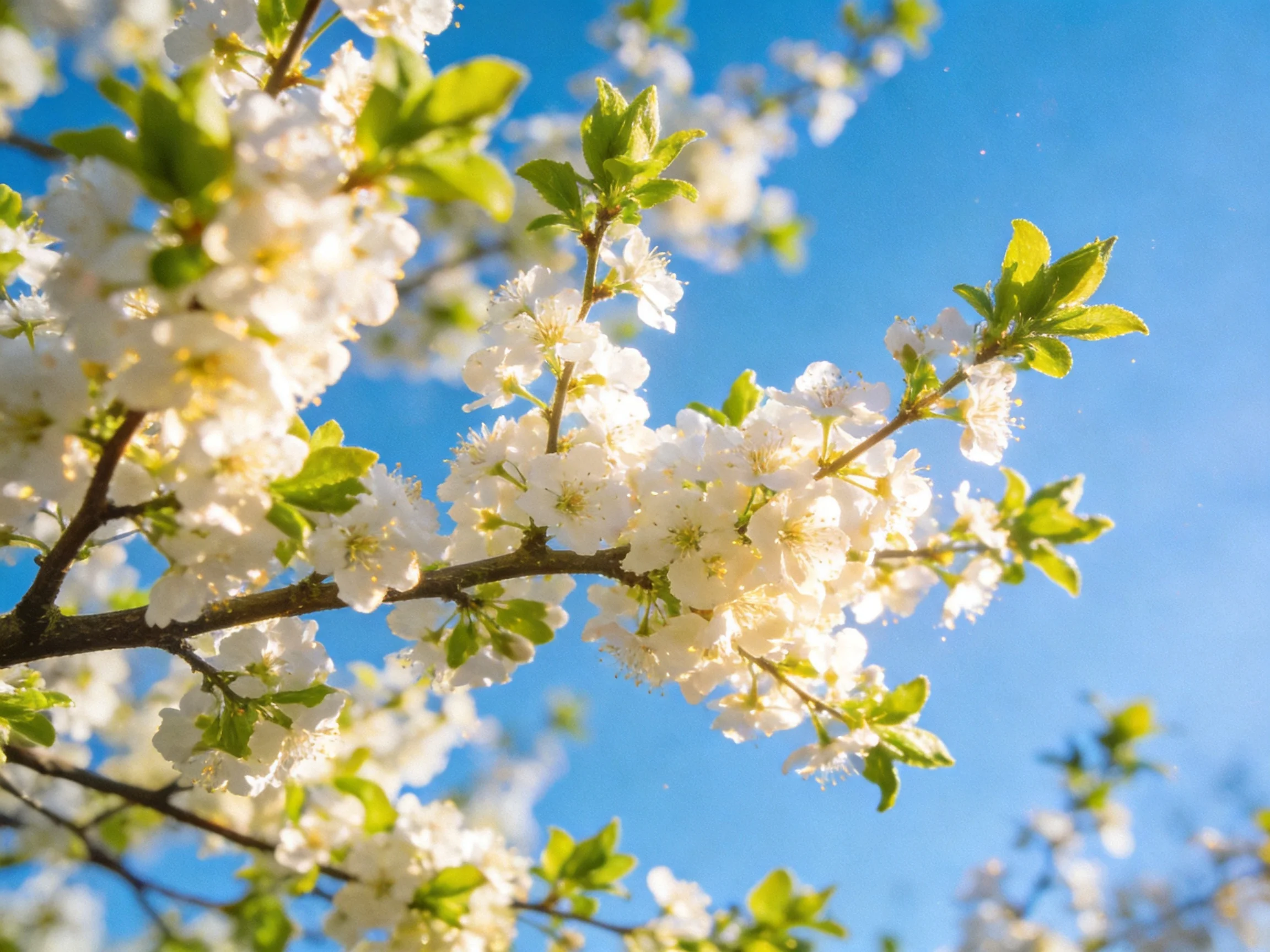 Blossoming tree branch with white flowers against bright blue sky