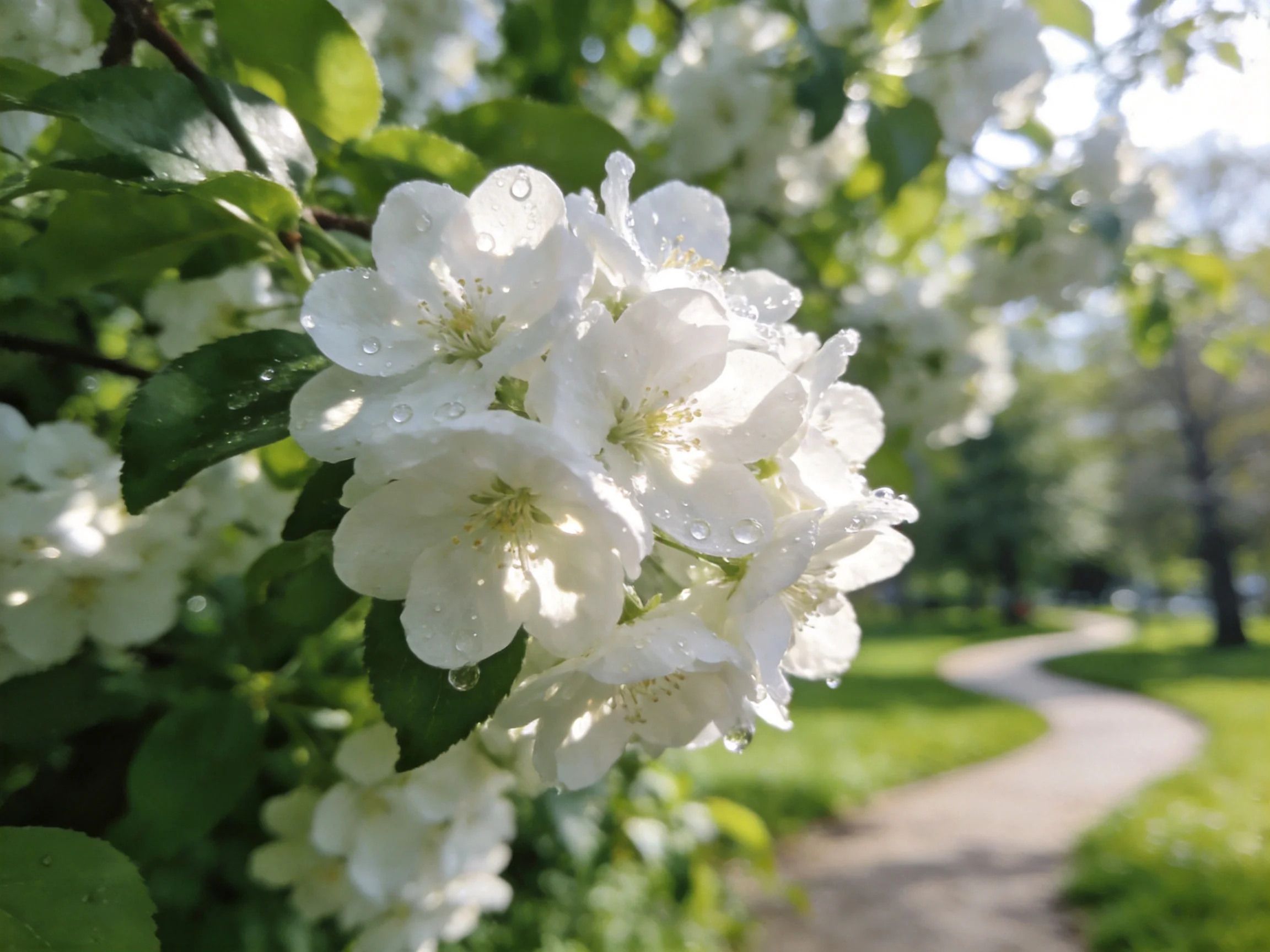 Blossoming white flowers with dewdrops beside a winding park path