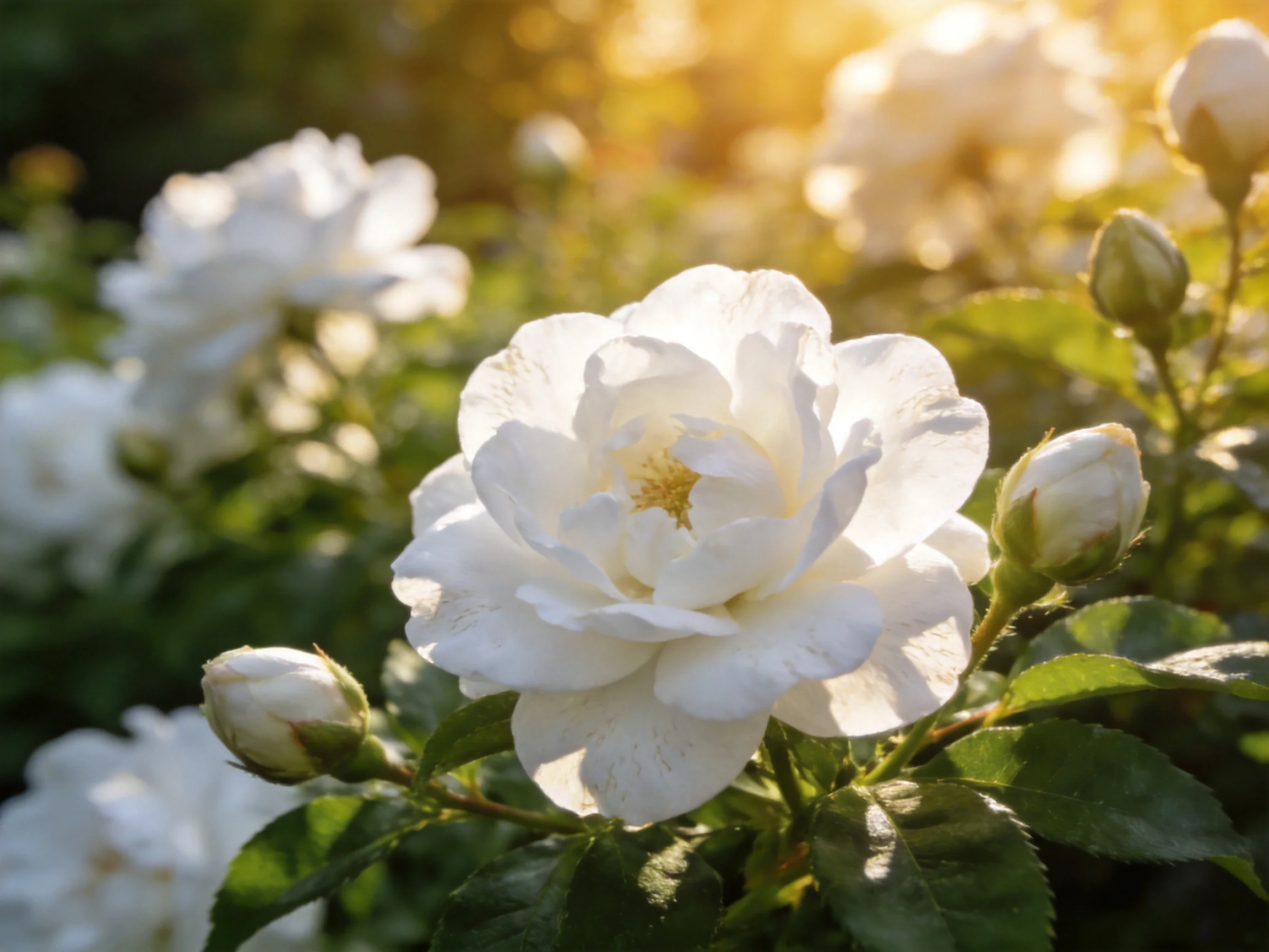 Blossoming white roses bathed in golden sunlight