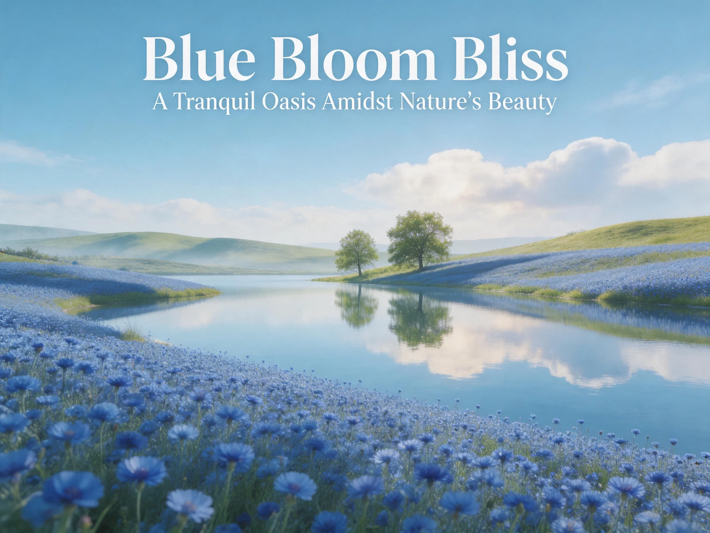 Blue Flower Fields by a Reflective Lake with Rolling Green Hills