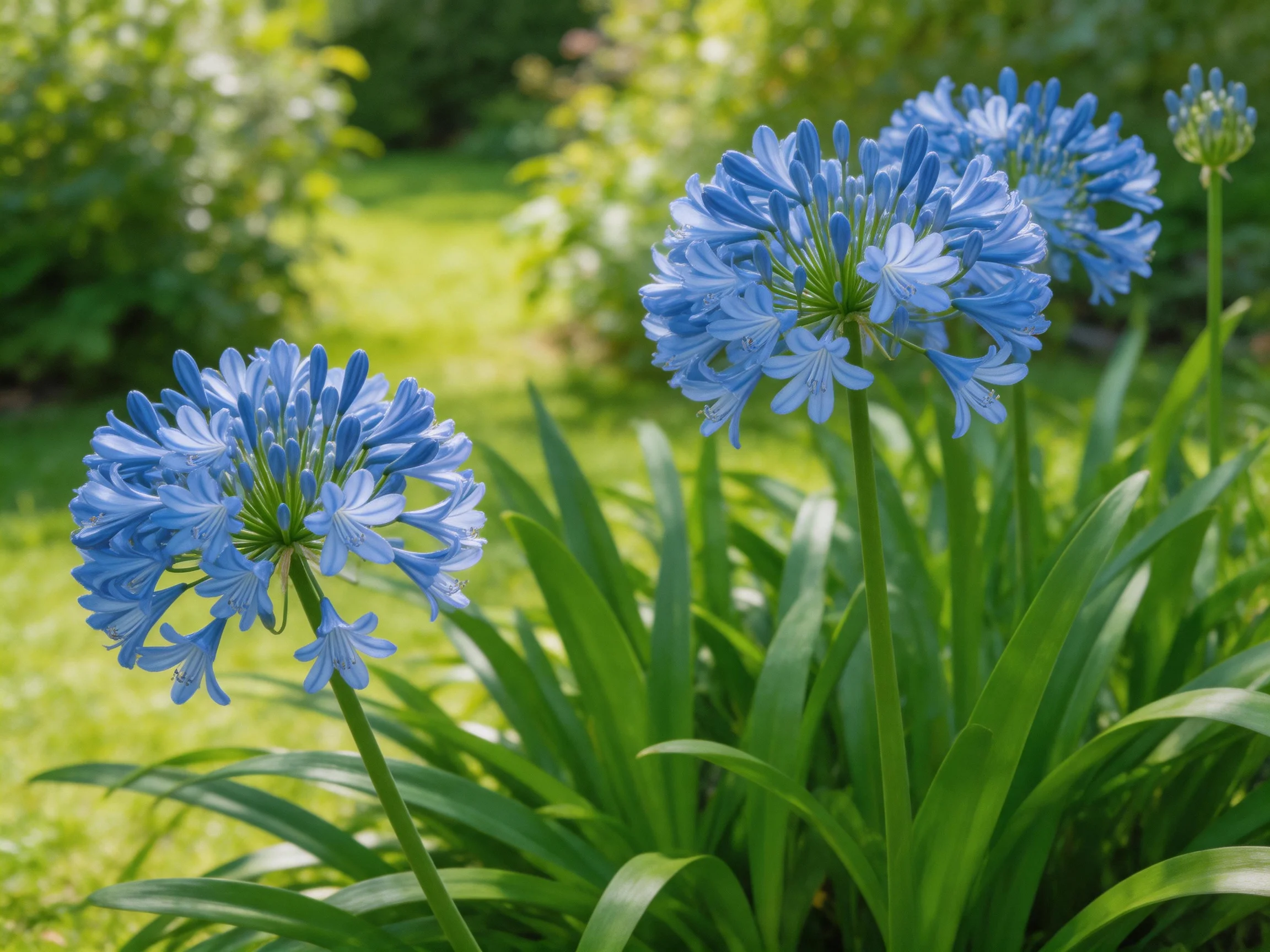 Blue agapanthus blooms thrive amidst lush green foliage in a sunlit garden