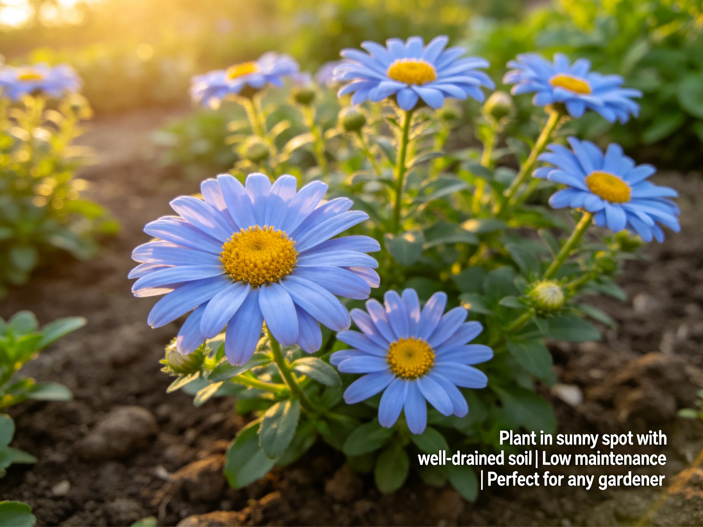 Blue daisies with yellow centers bloom in a sunny garden.