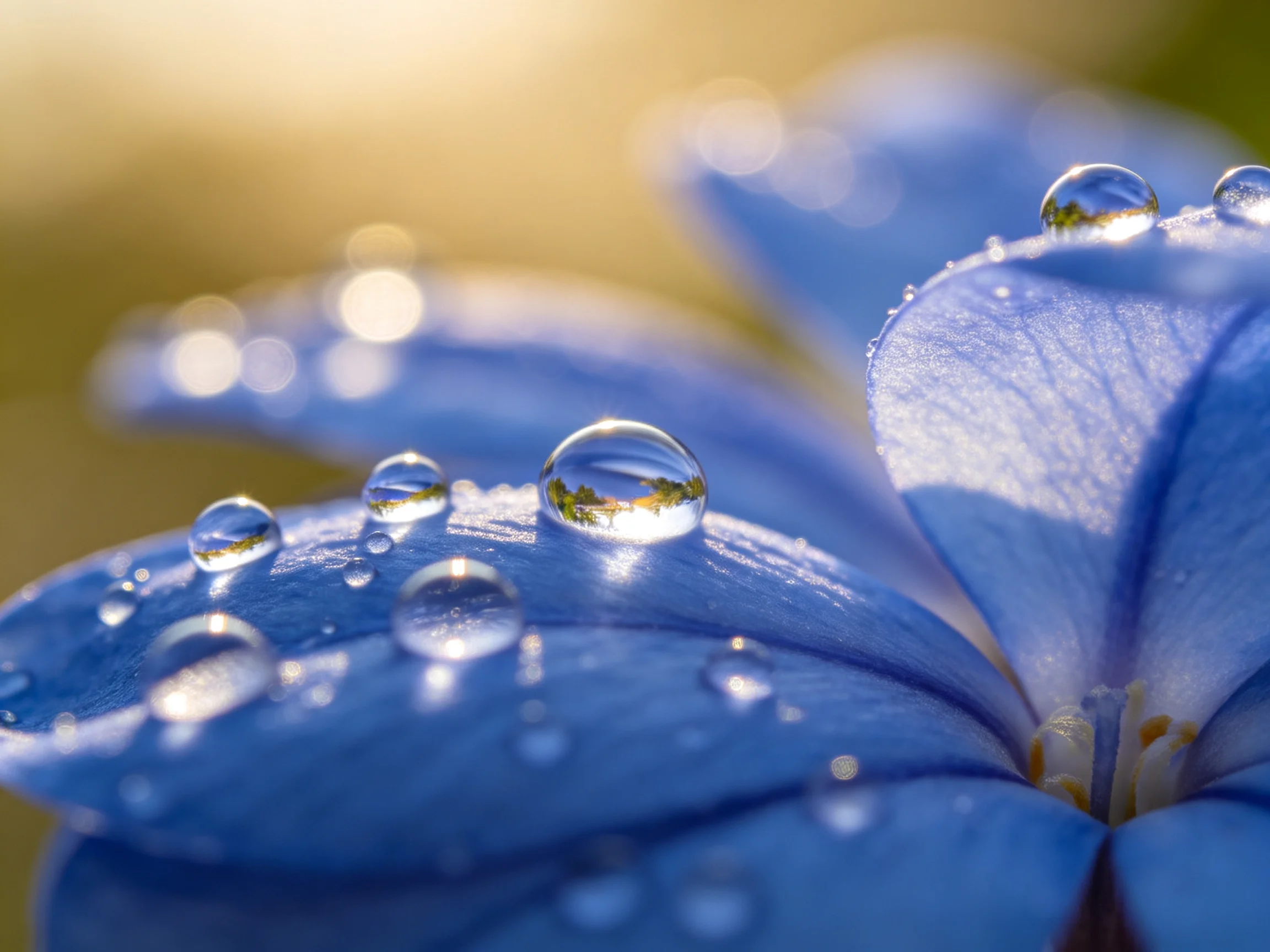 Blue flower petals with glistening water droplets