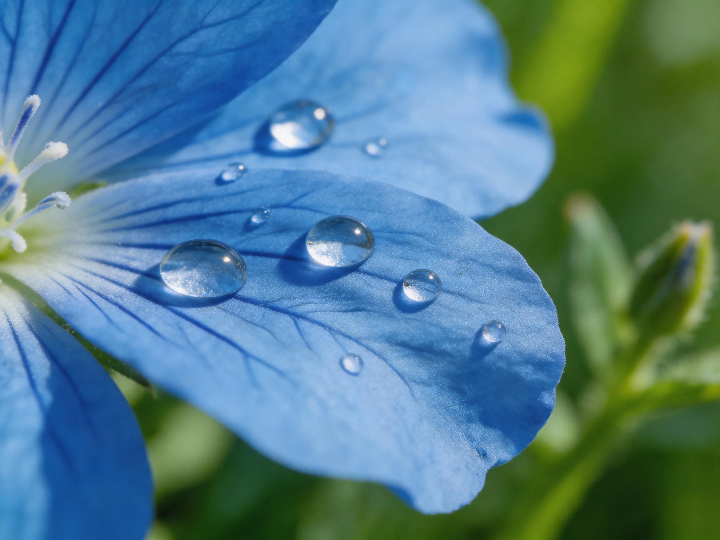 Blue flower petals with multiple water droplets on soft petals