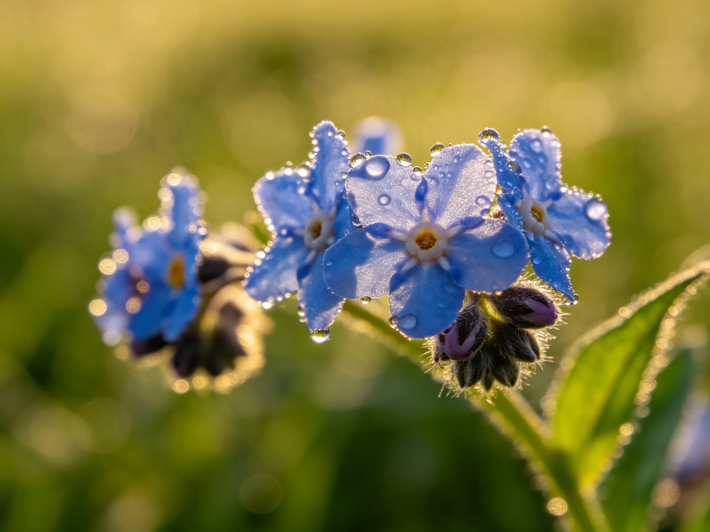 Blue flowers with dewdrops illuminated by golden sunlight
