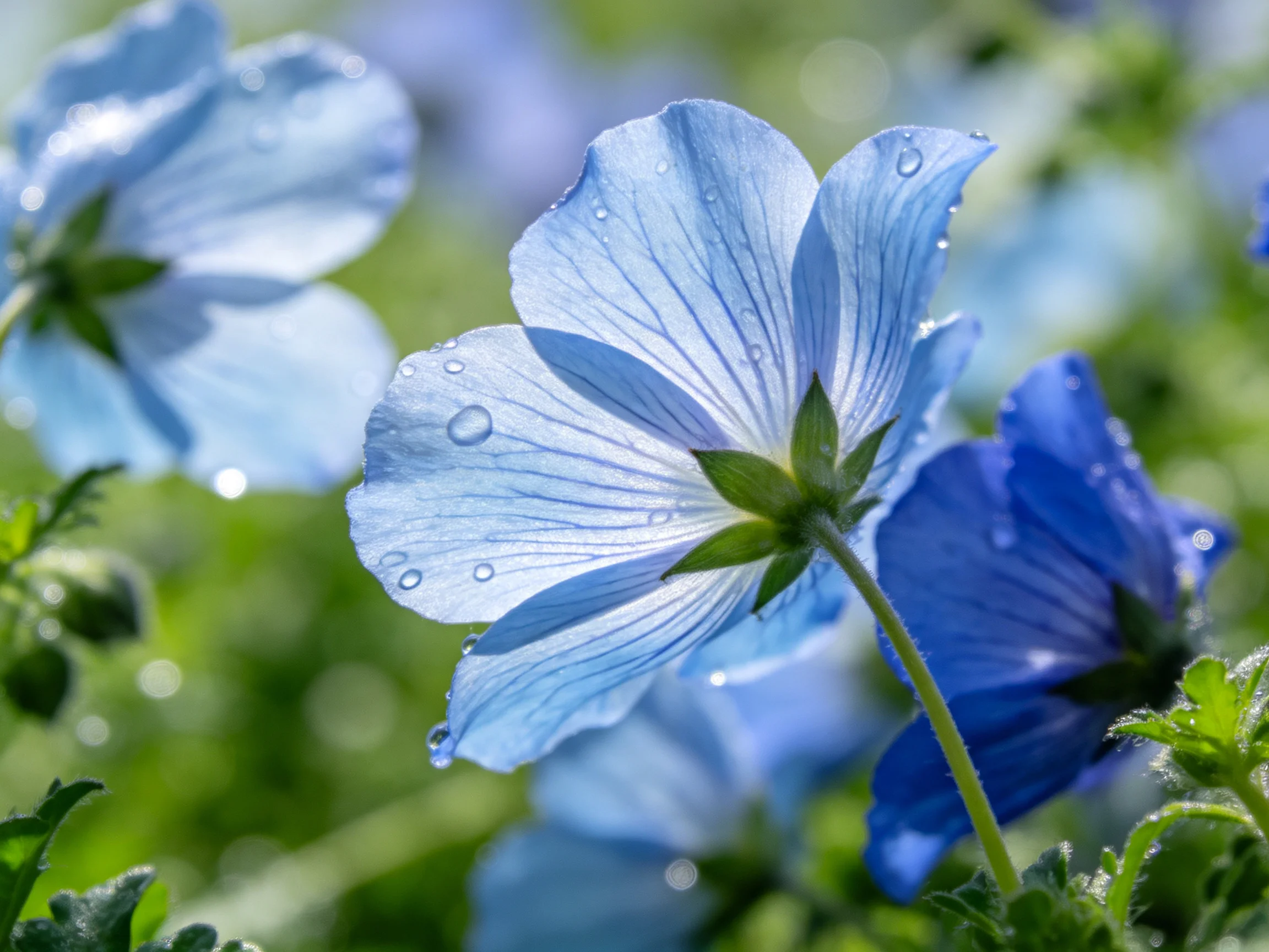 Blue flowers with water droplets amid green foliage