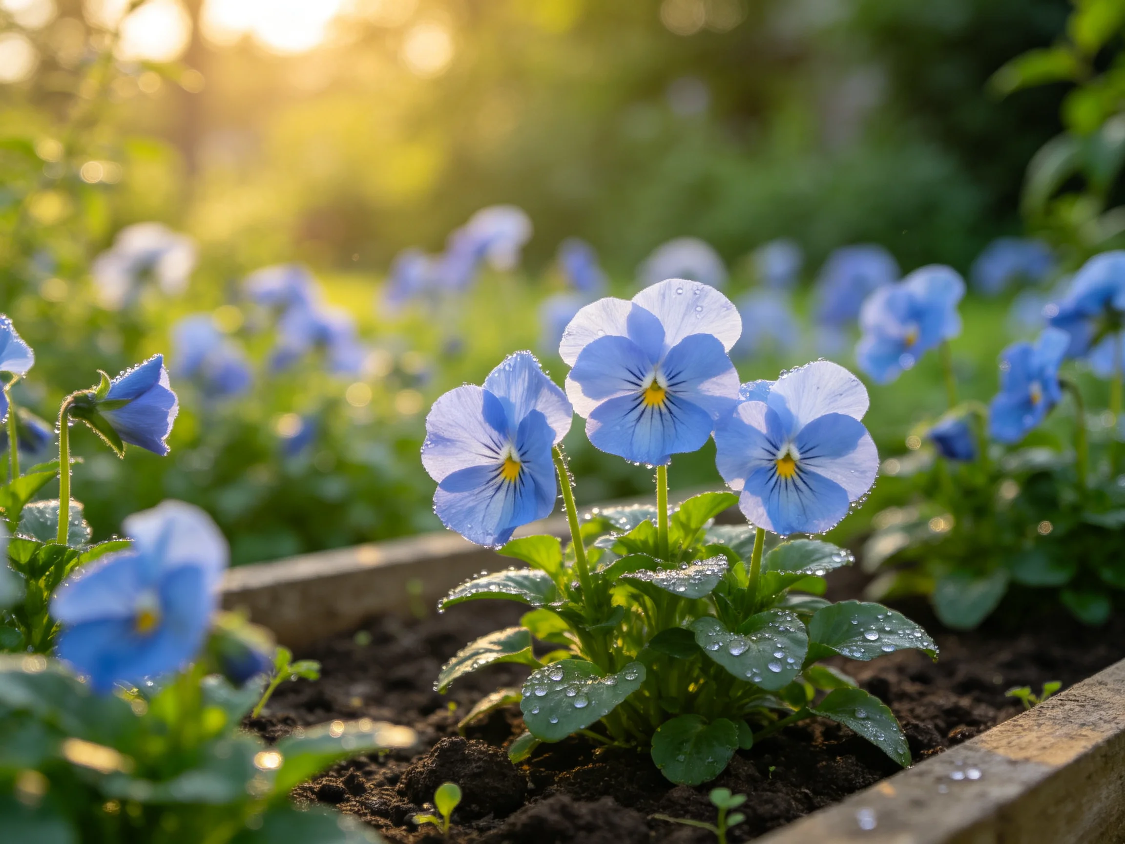 Blue pansy flowers with dewdrops in a sunlit garden bed