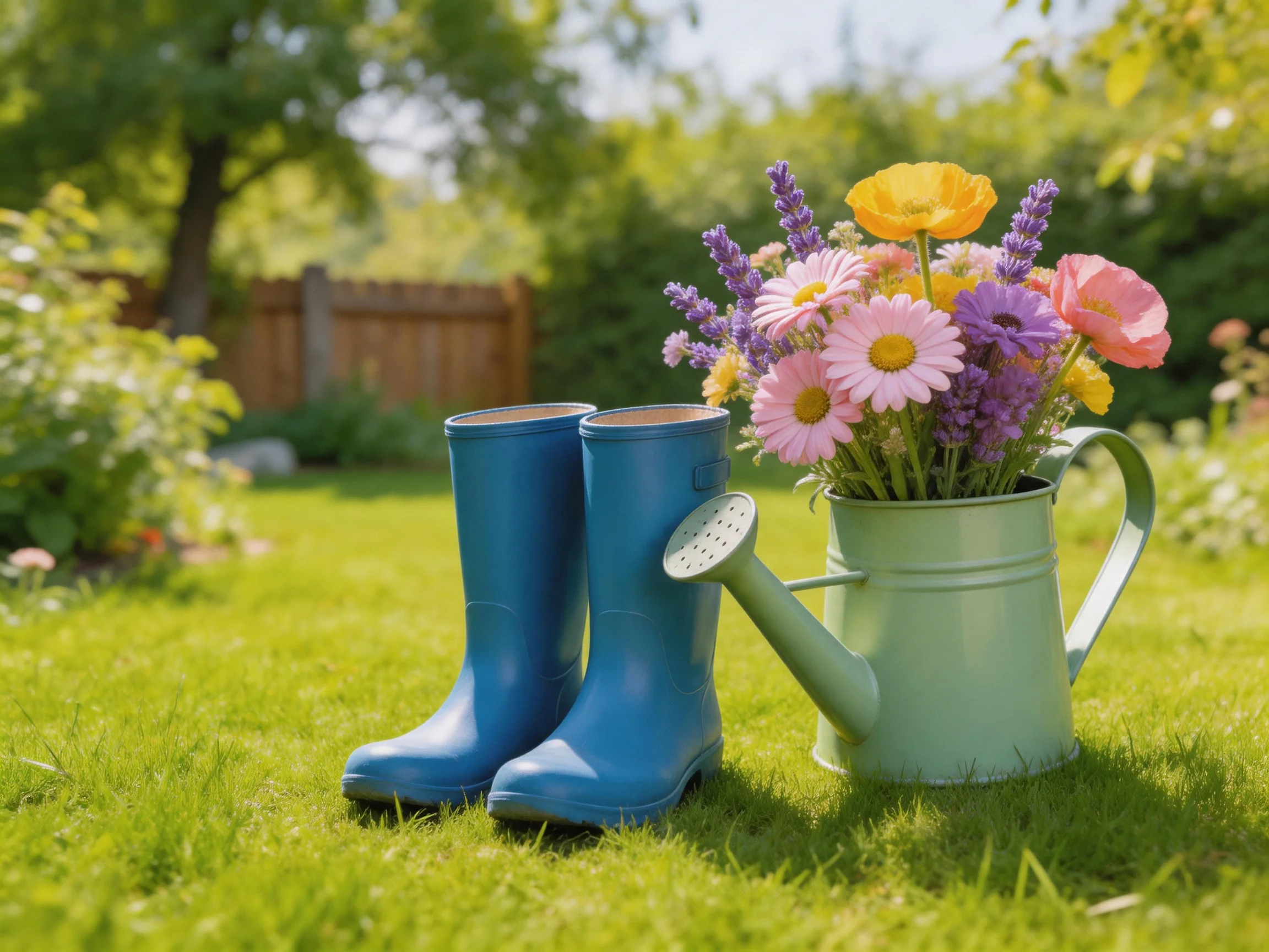 Blue rain boots beside a flower-filled watering can in a sunny garden