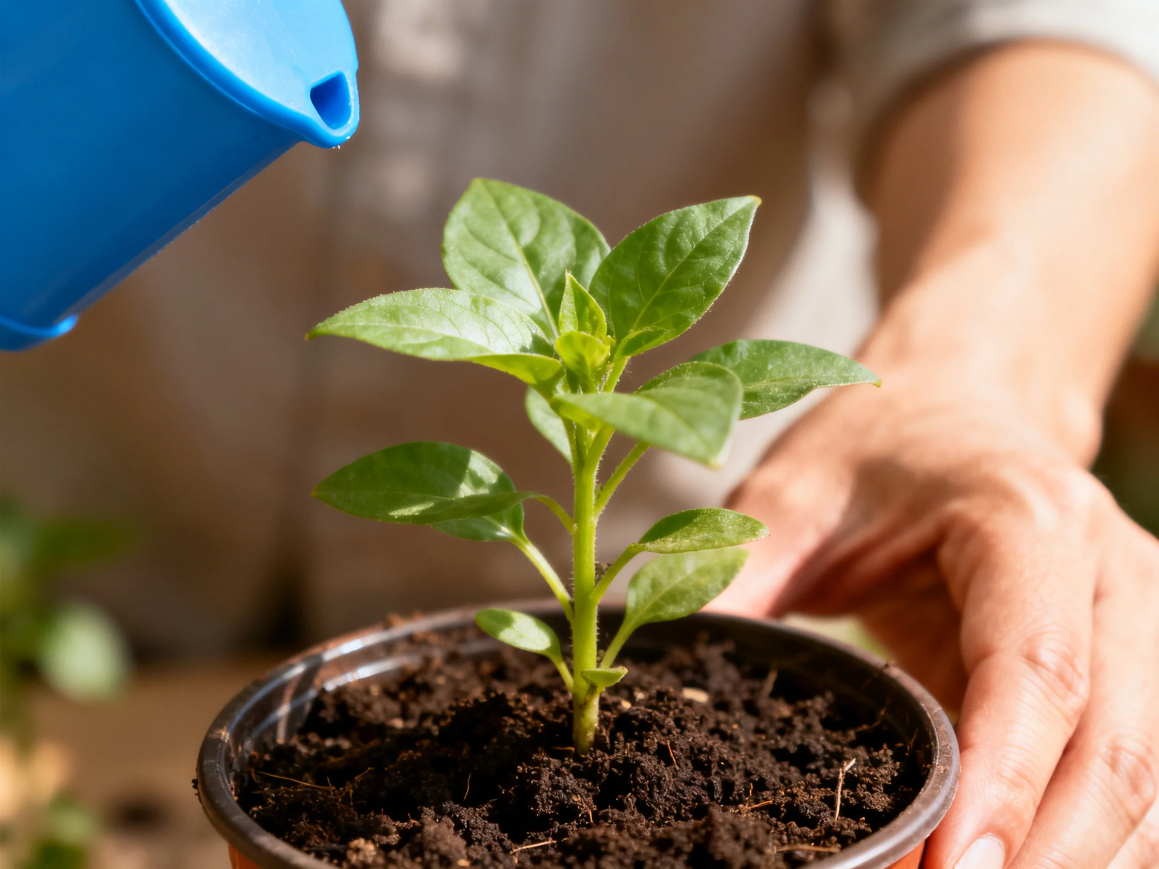 Blue watering can waters small potted green seedling