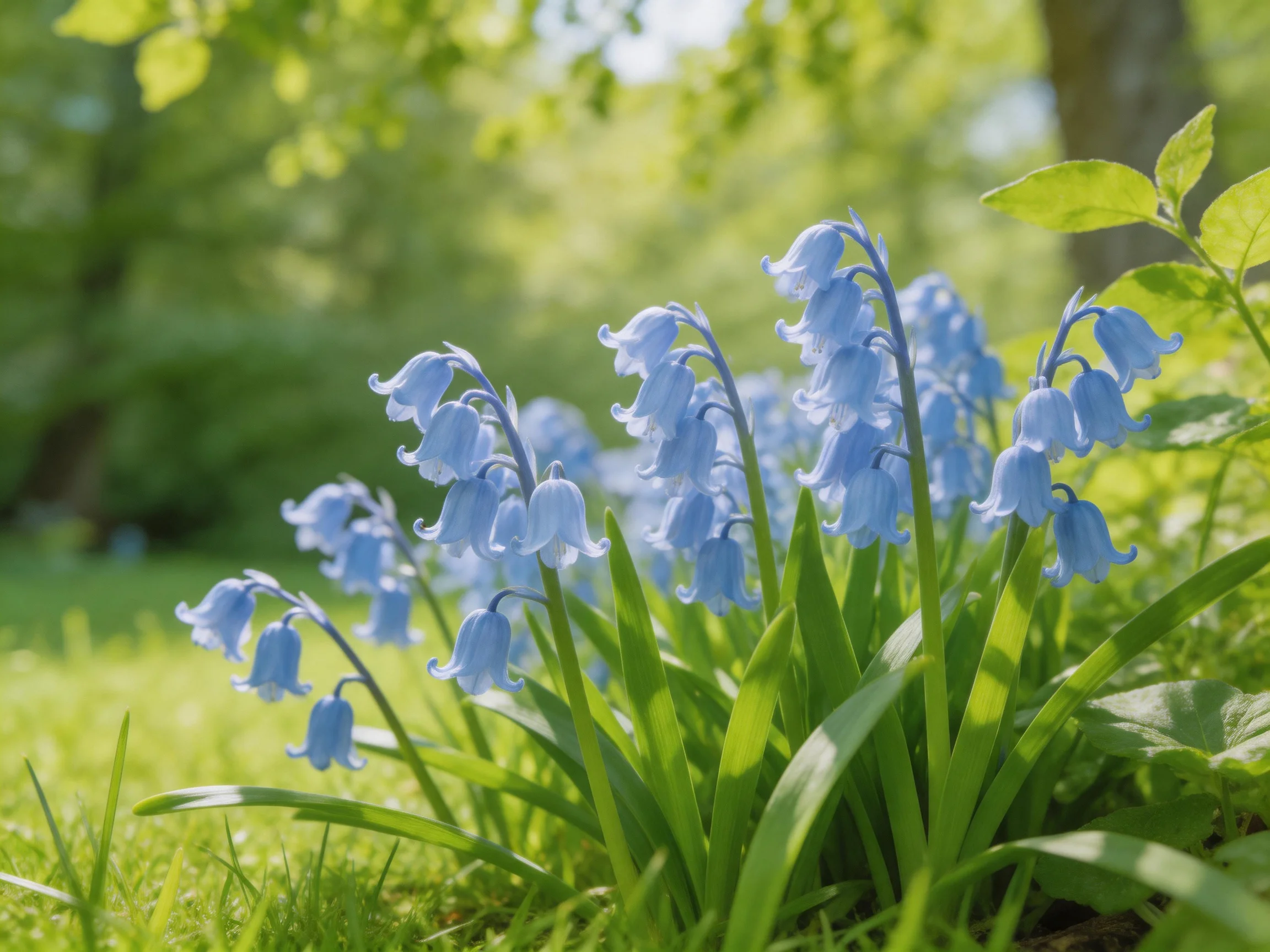 Bluebells bloom amid vibrant greenery in a sunlit forest clearing