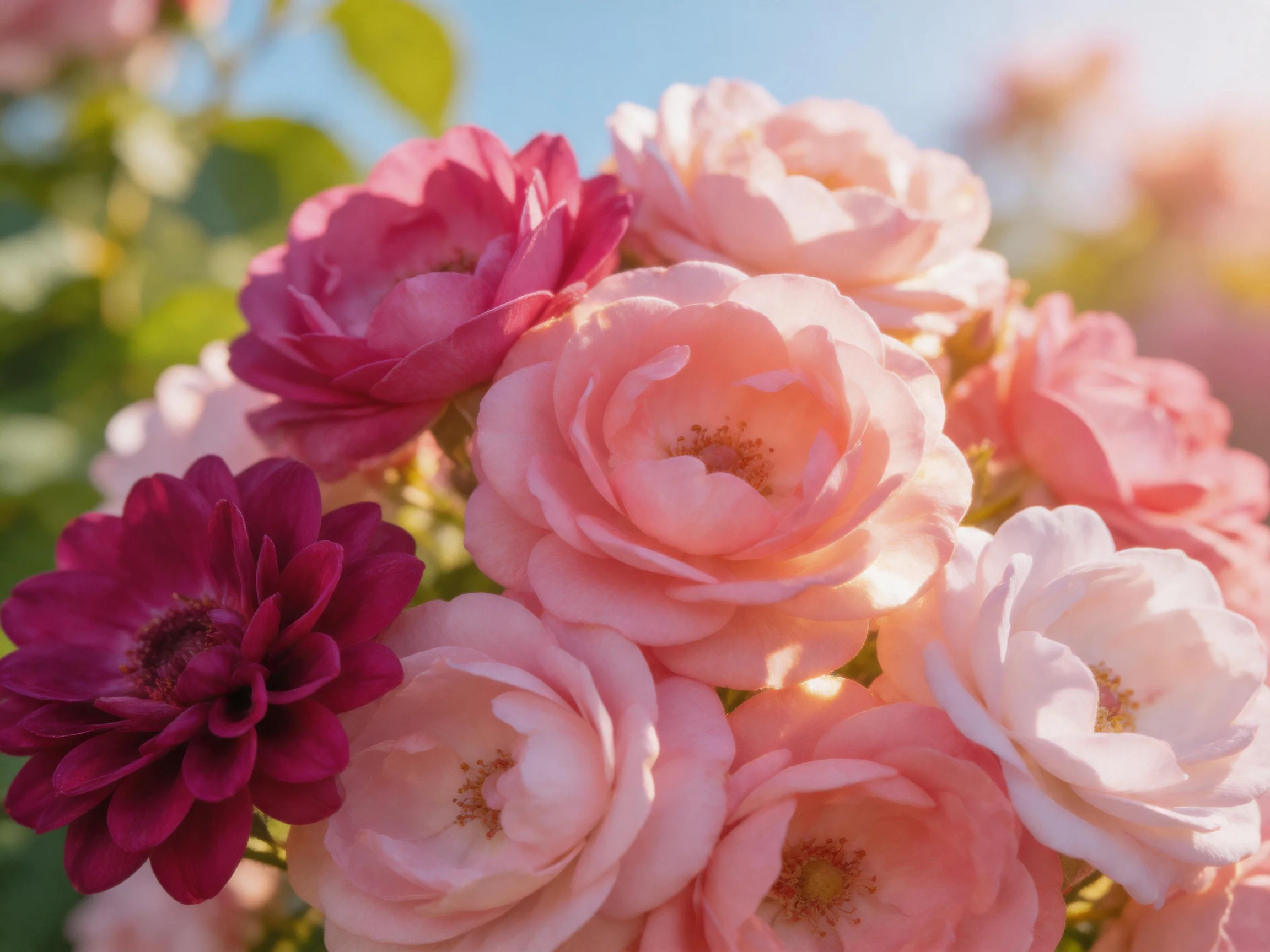 Bouquet of pink and maroon roses under bright sunlight