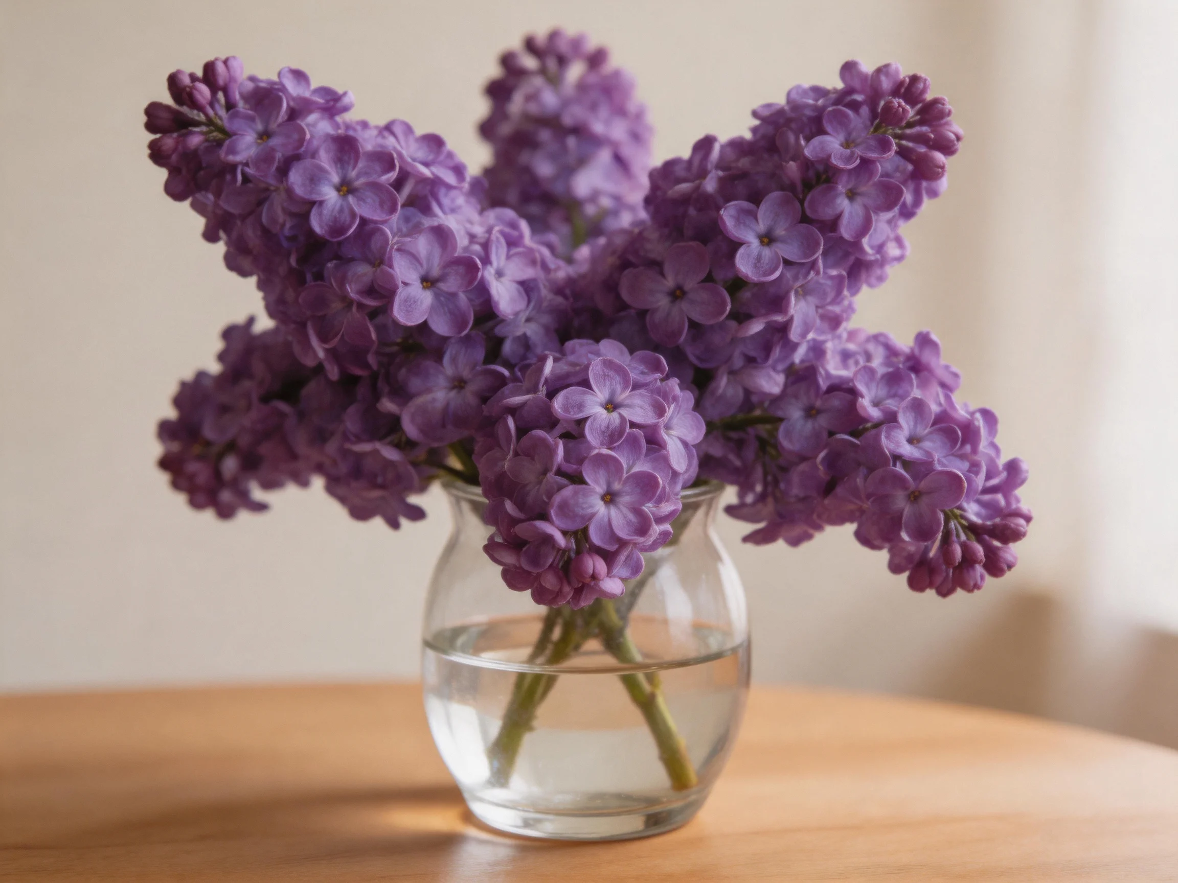 Bouquet of vibrant purple lilacs in a clear glass vase