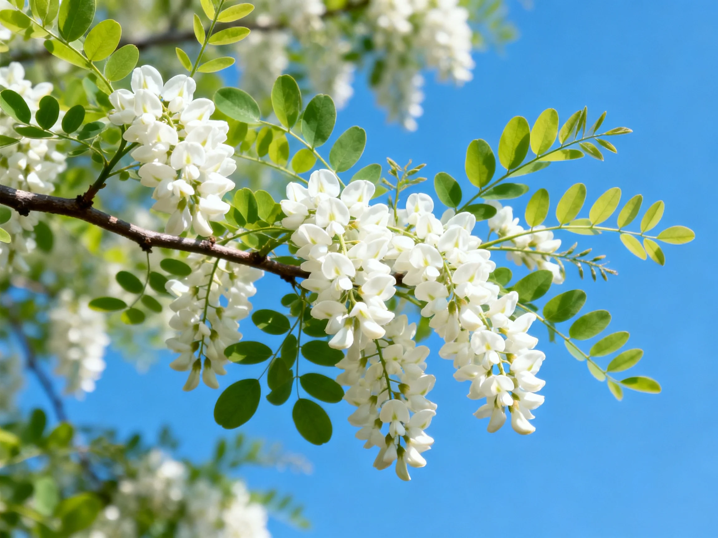 Branches with white clustered flowers and oval green leaves under bright blue sky
