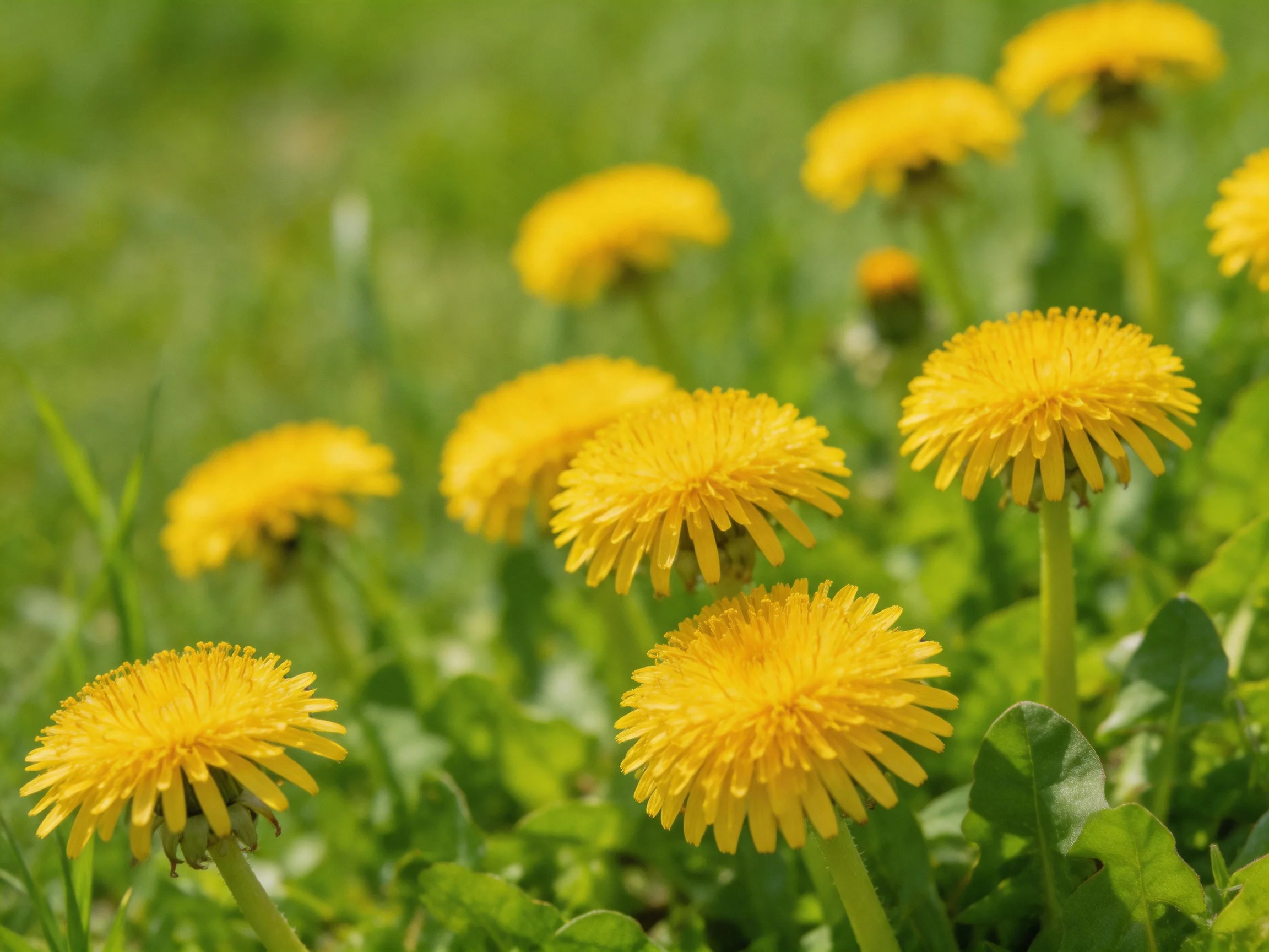 Bright Yellow Dandelions Bloom Among Lush Green Grass