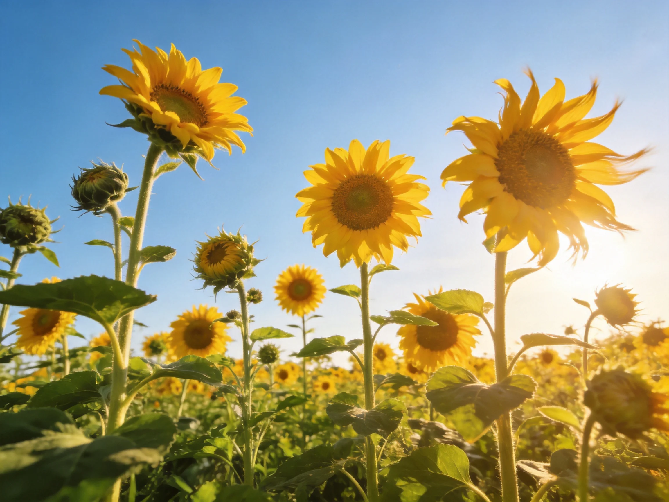 Bright Yellow Sunflowers Bloom in a Clear Blue Sky Field