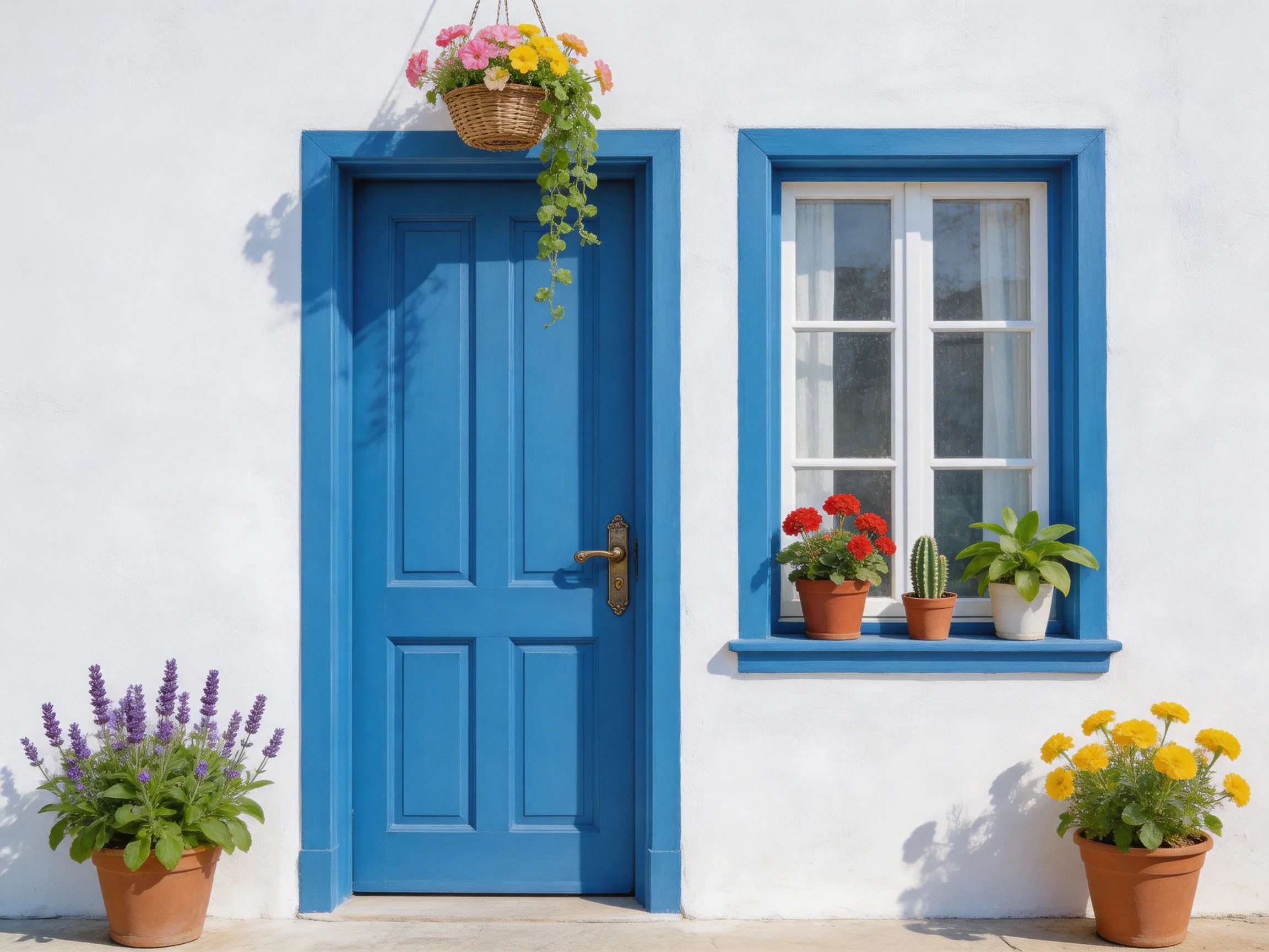 Bright blue door next to window with colorful potted plants