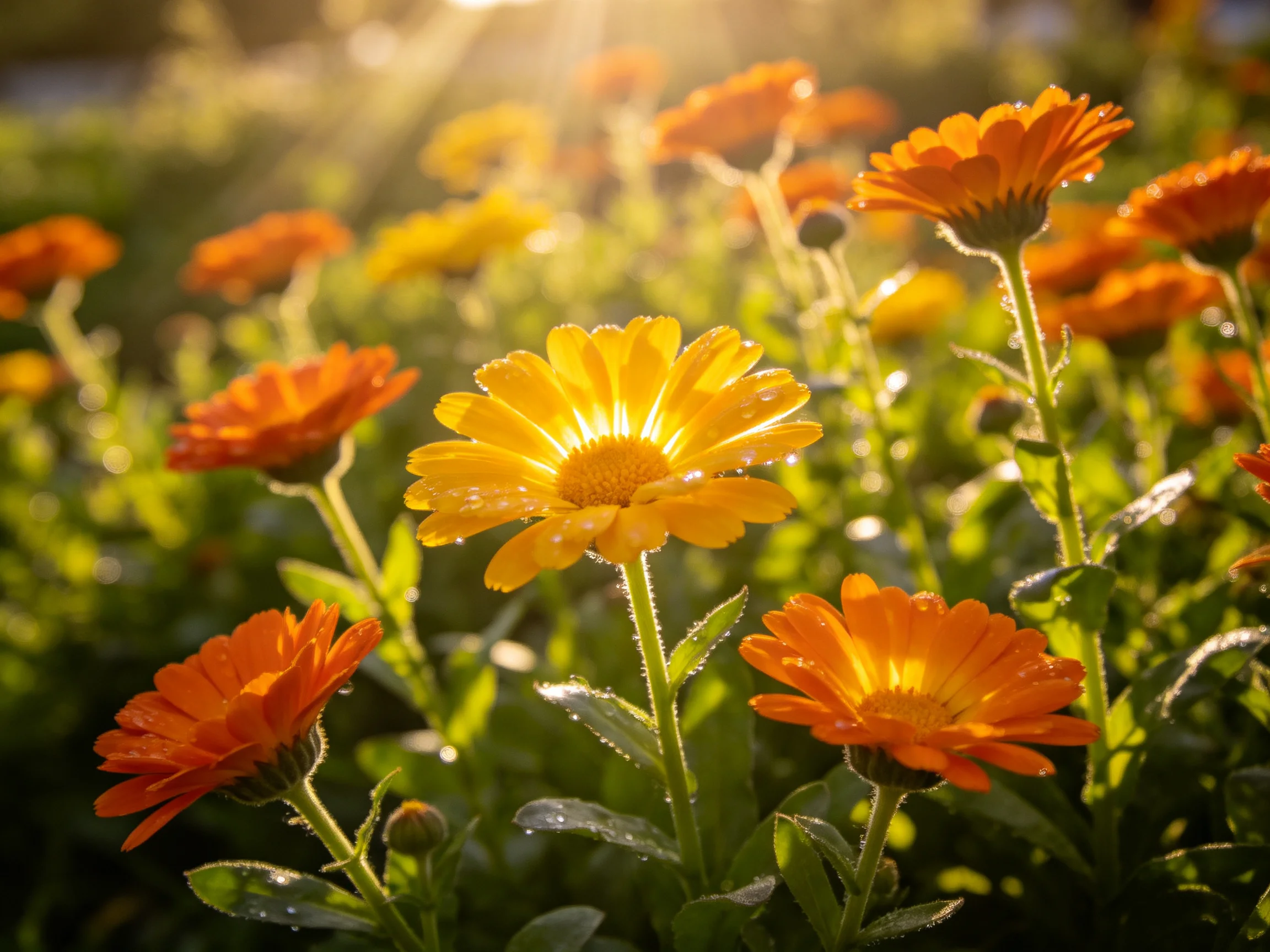 Bright orange and yellow marigolds bloom in a sunlit garden