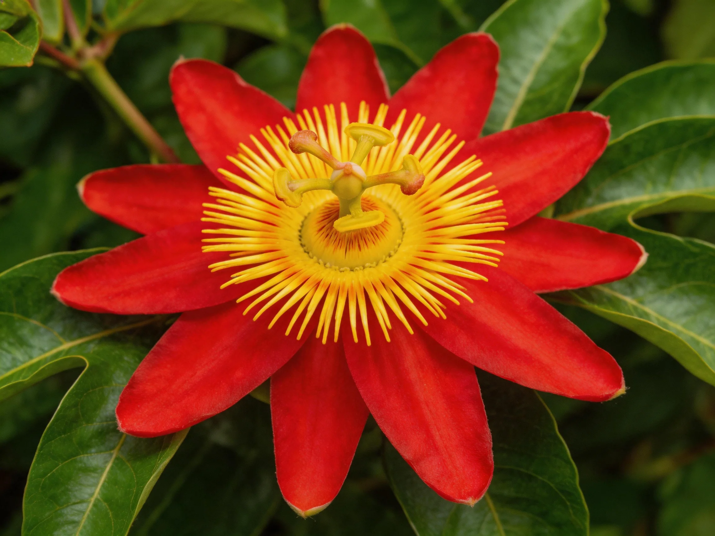 Bright red passionflower with yellow center and green leaves