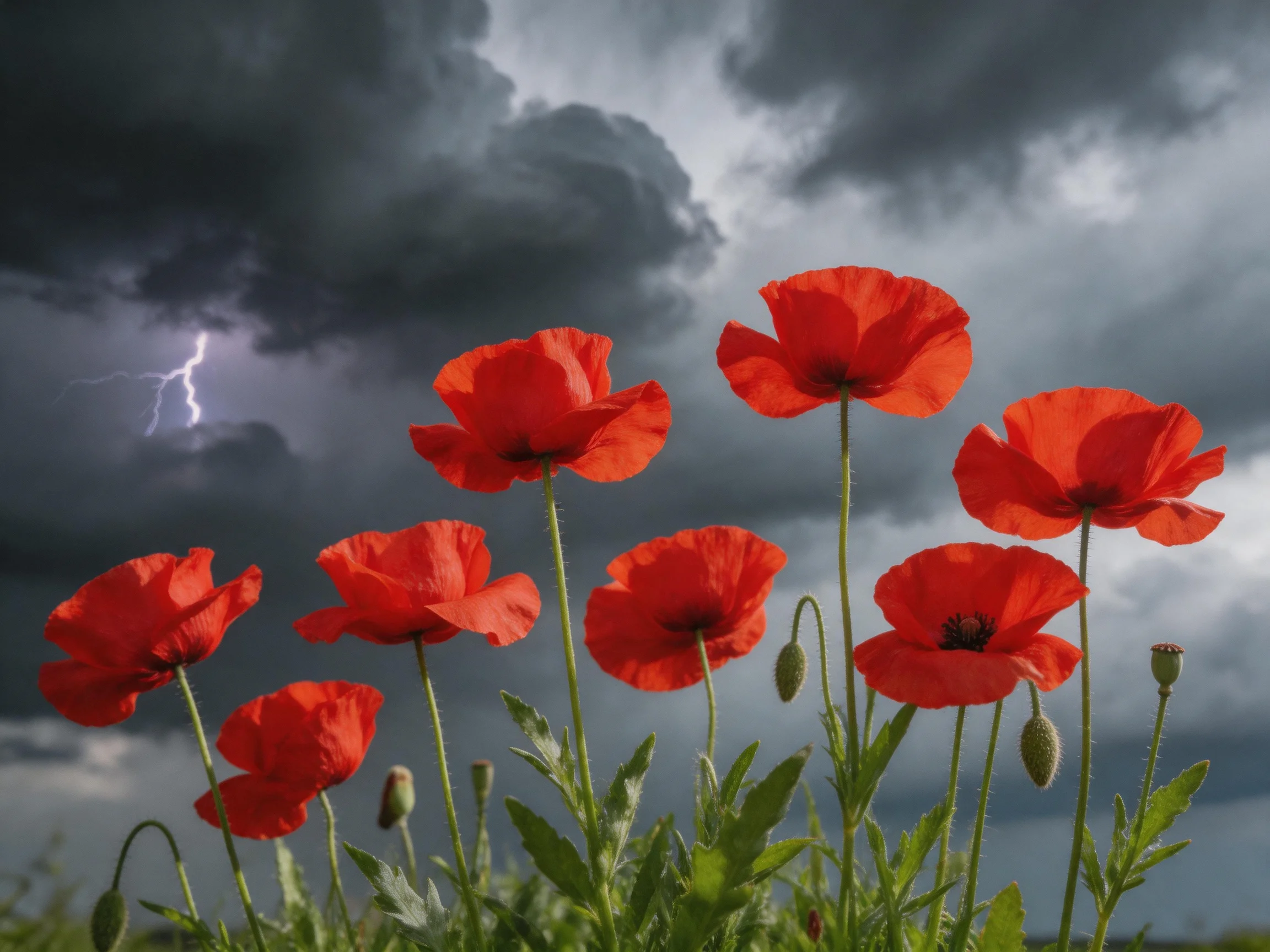 Bright red poppies bloom beneath a stormy, lightning-draped sky