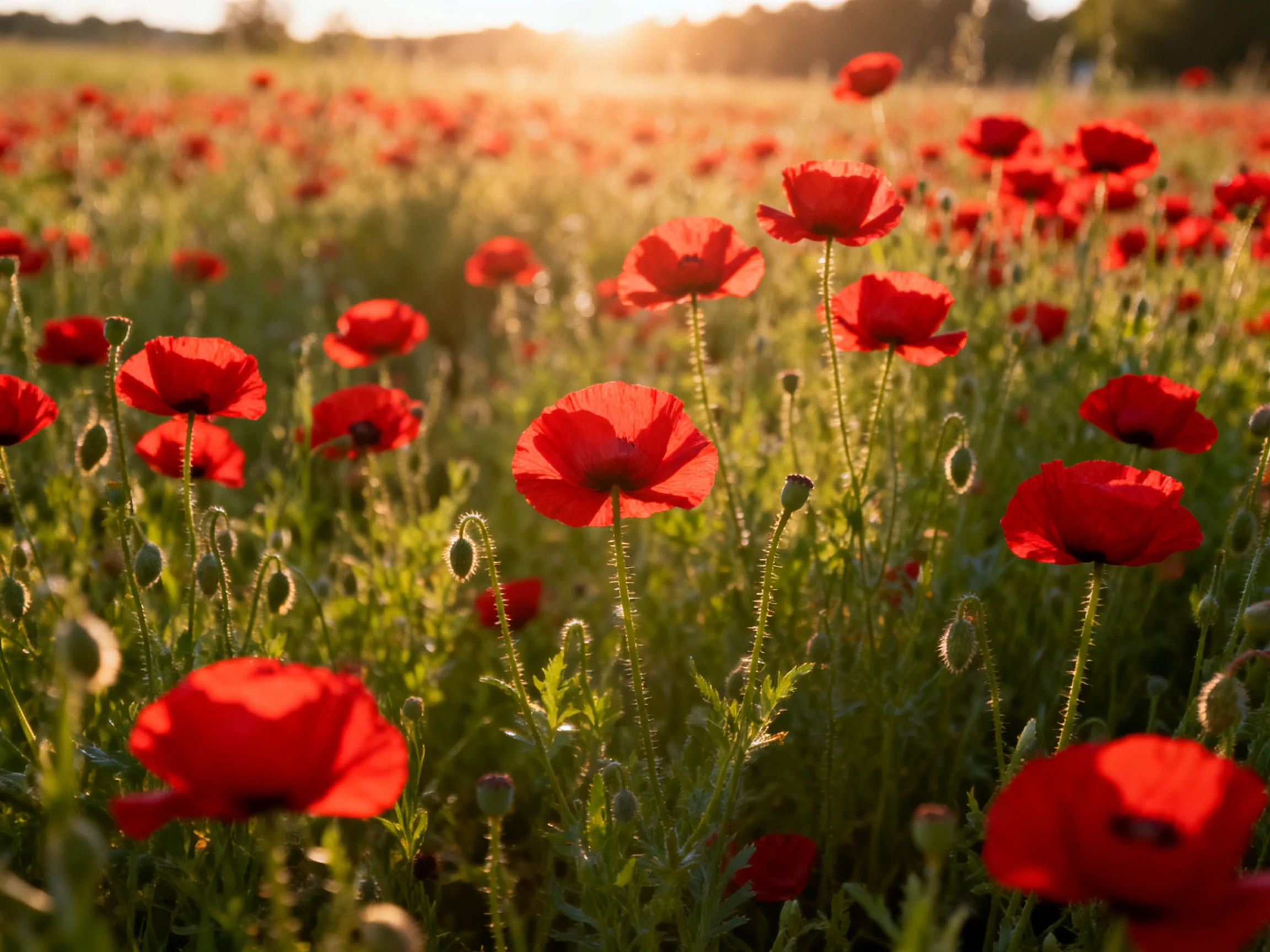 Bright red poppies fill a sunlit meadow with golden light