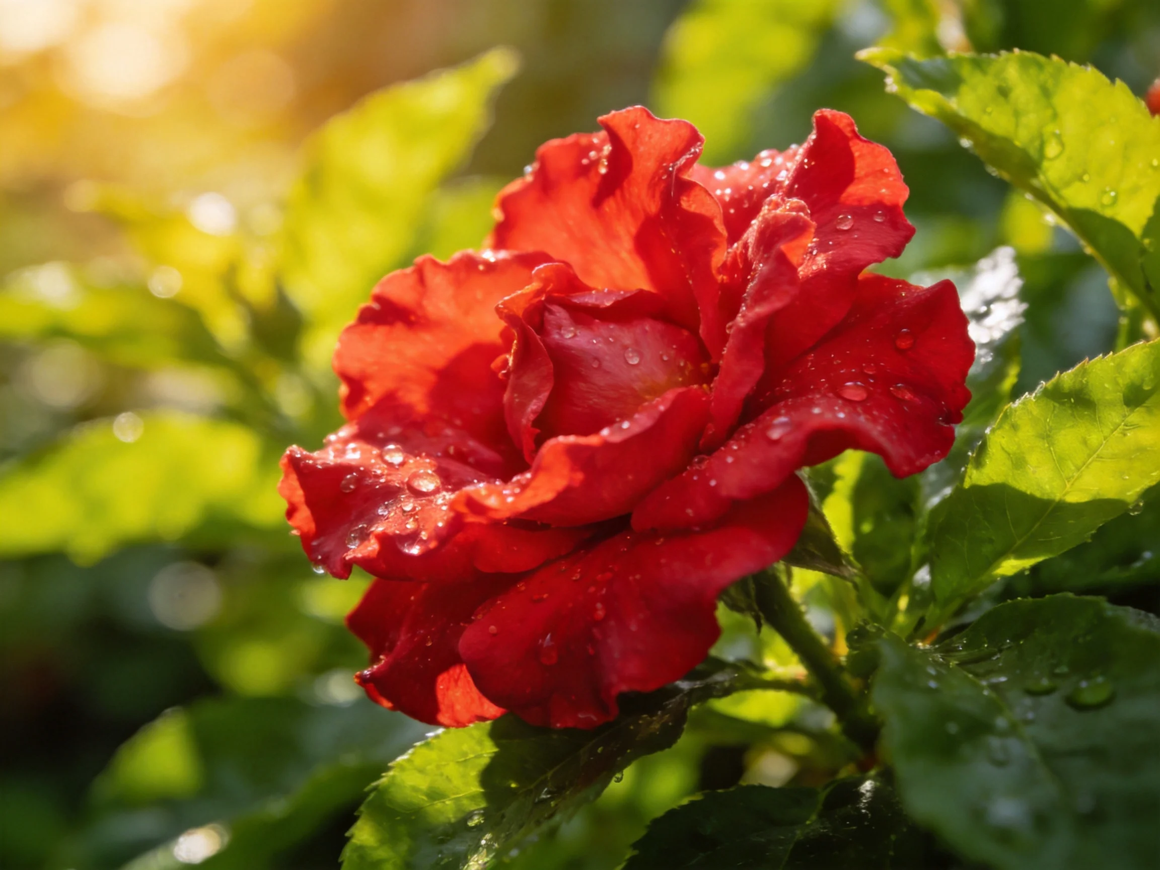 Bright red rose with dew drops amidst lush green foliage under golden sunlight