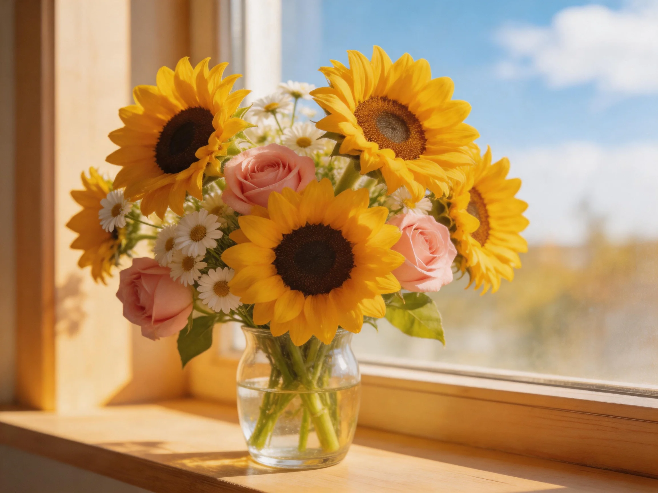 Bright sunflowers, pink roses, and daisies in a glass vase by a sunny window