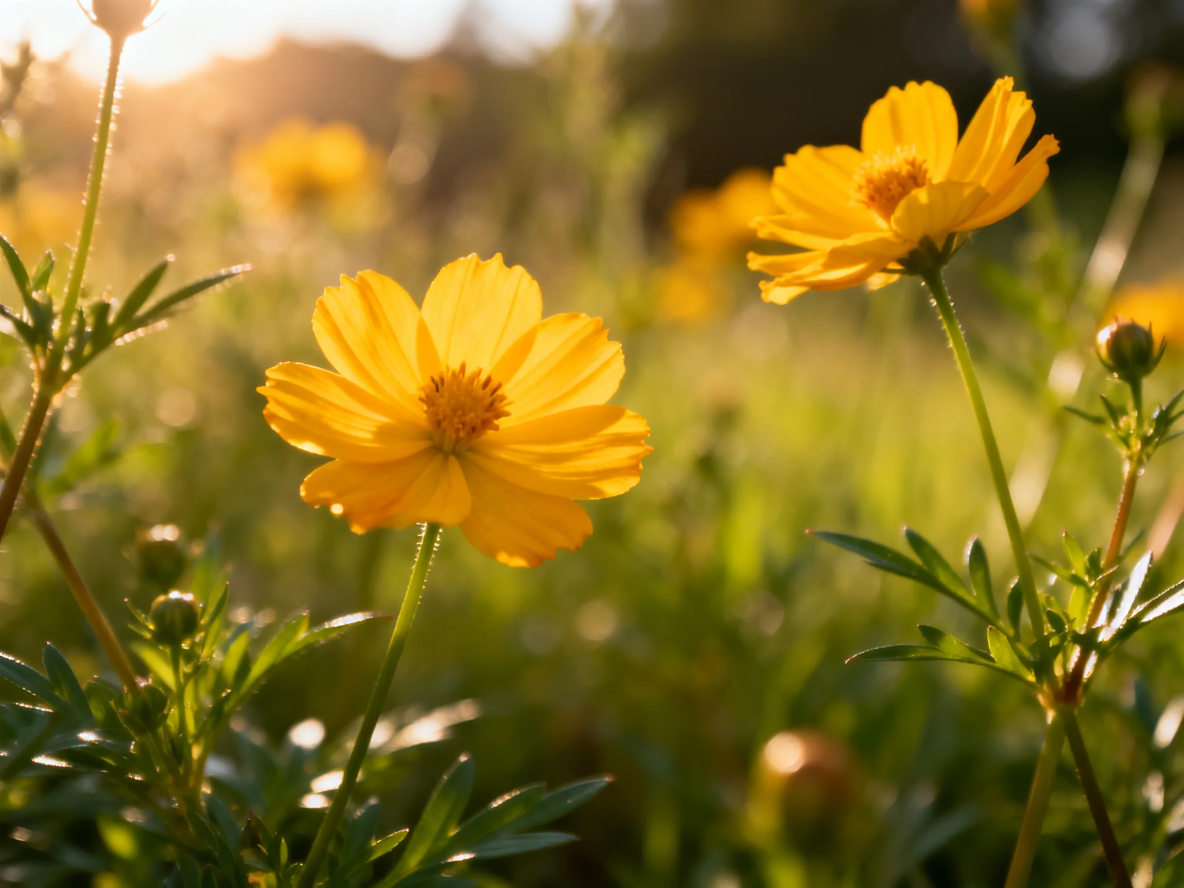 Bright yellow cosmos flowers bloom in a sunlit meadow with green foliage