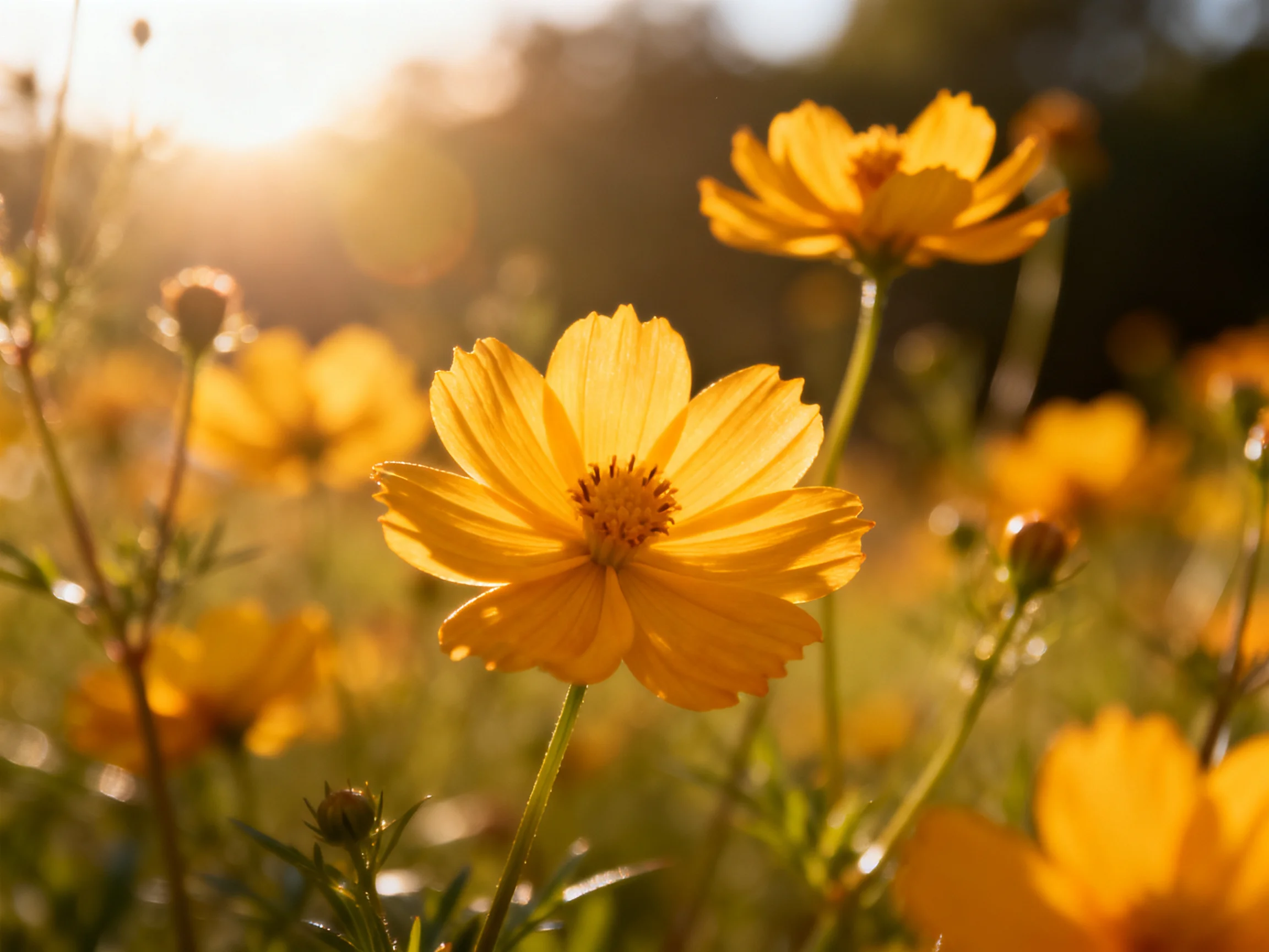 Bright yellow cosmos flowers illuminated by golden sunlight