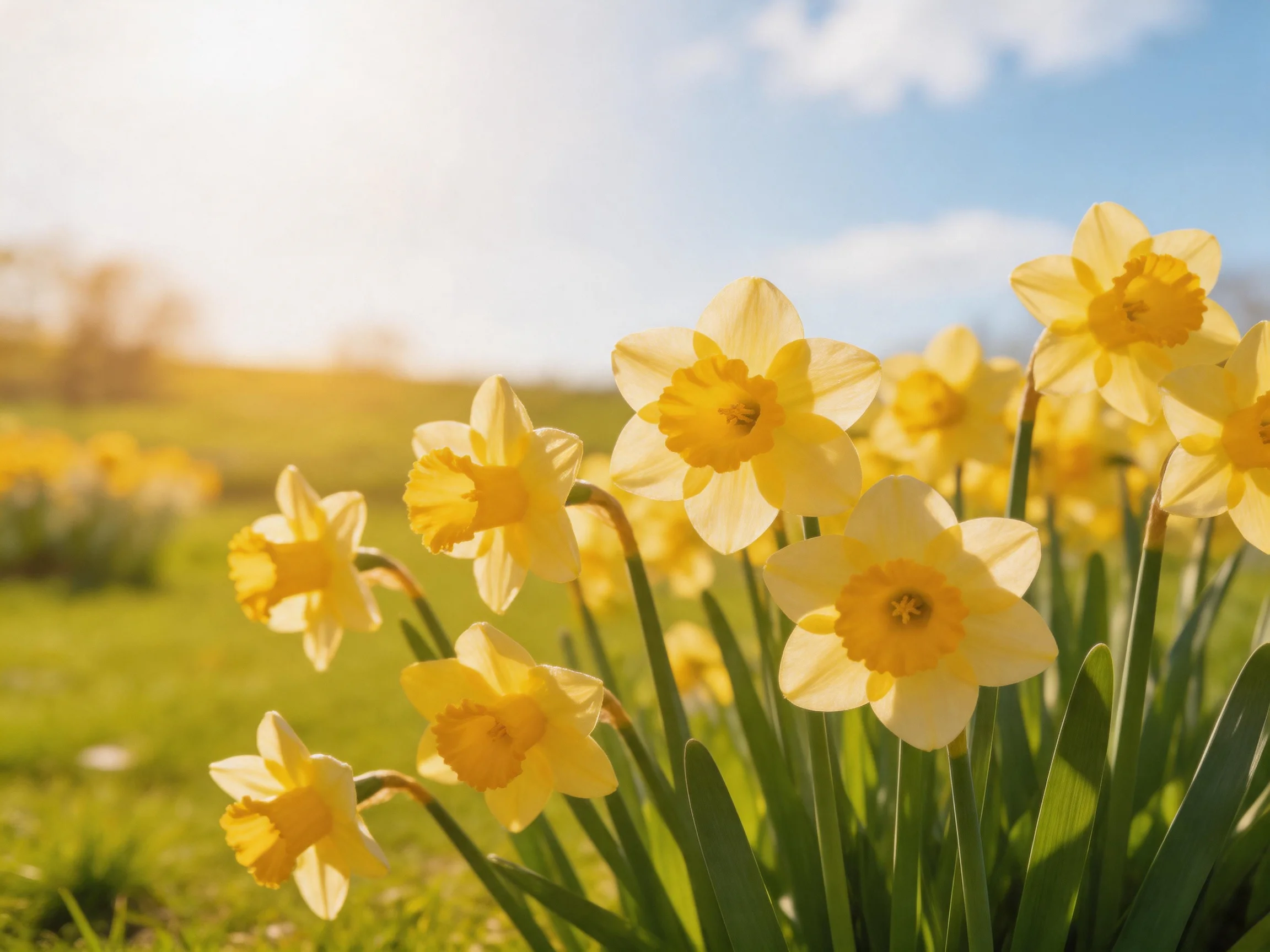 Bright yellow daffodils bloom abundantly in a sunlit green meadow