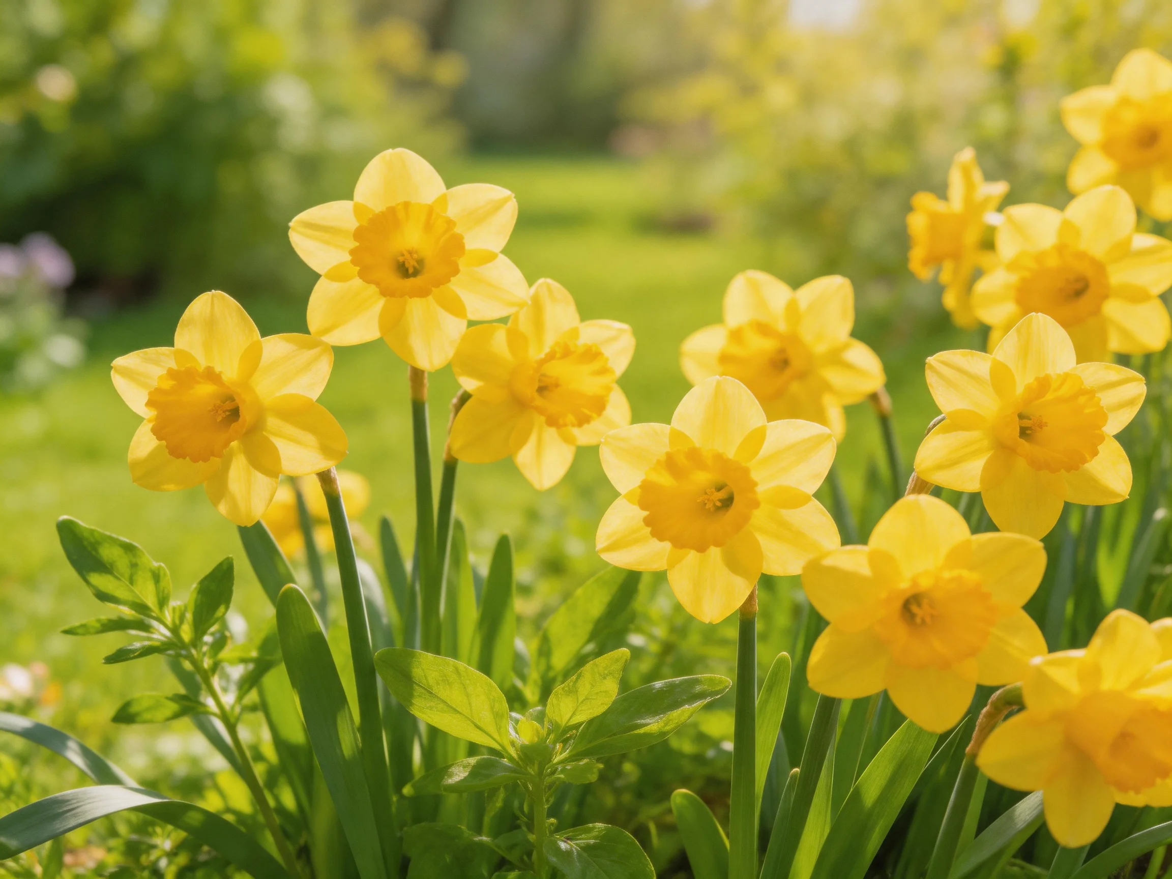 Bright yellow daffodils bloom amidst lush greenery in a sunlit garden
