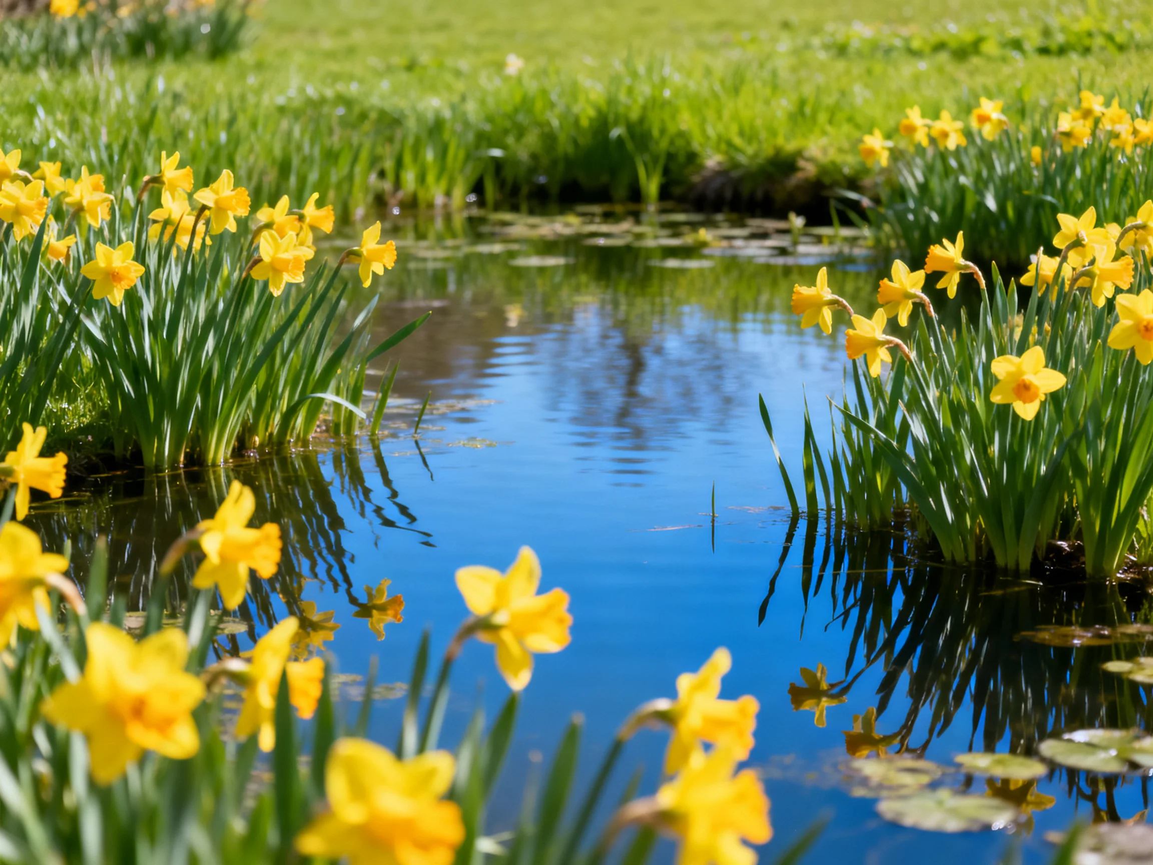Bright yellow daffodils bloom near a calm blue pond with lush green grass