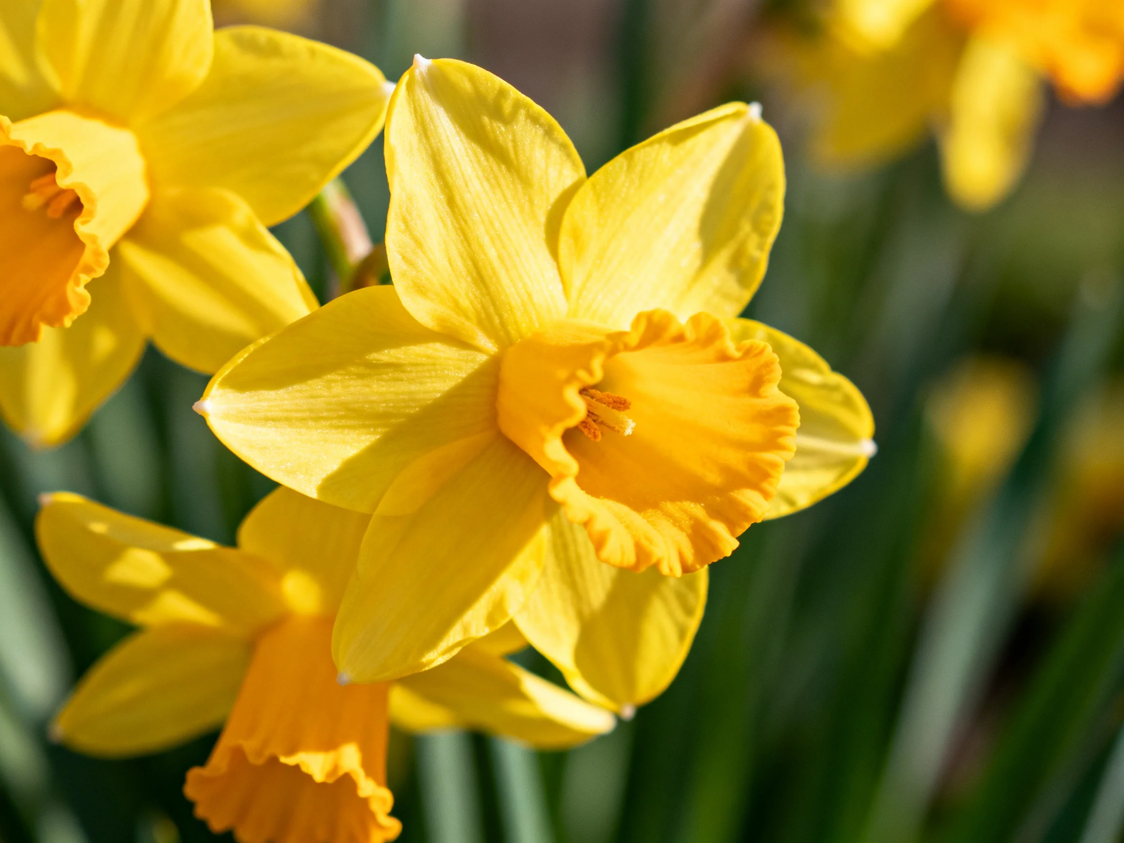 Bright yellow daffodils with ruffled centers bloom among green stems