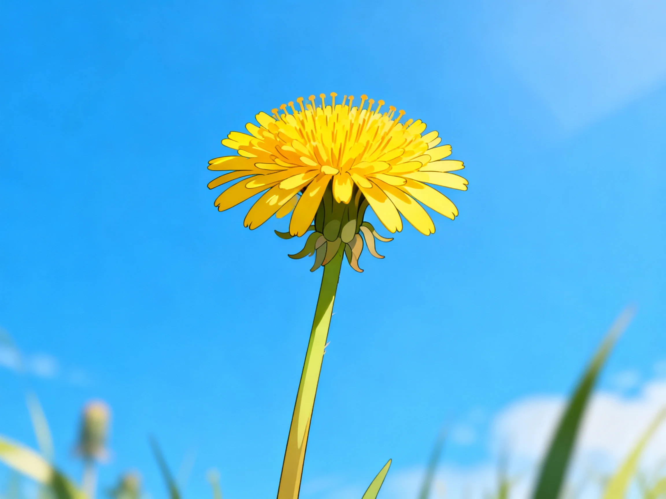 Bright yellow dandelion blooms on a long green stem under clear blue sky