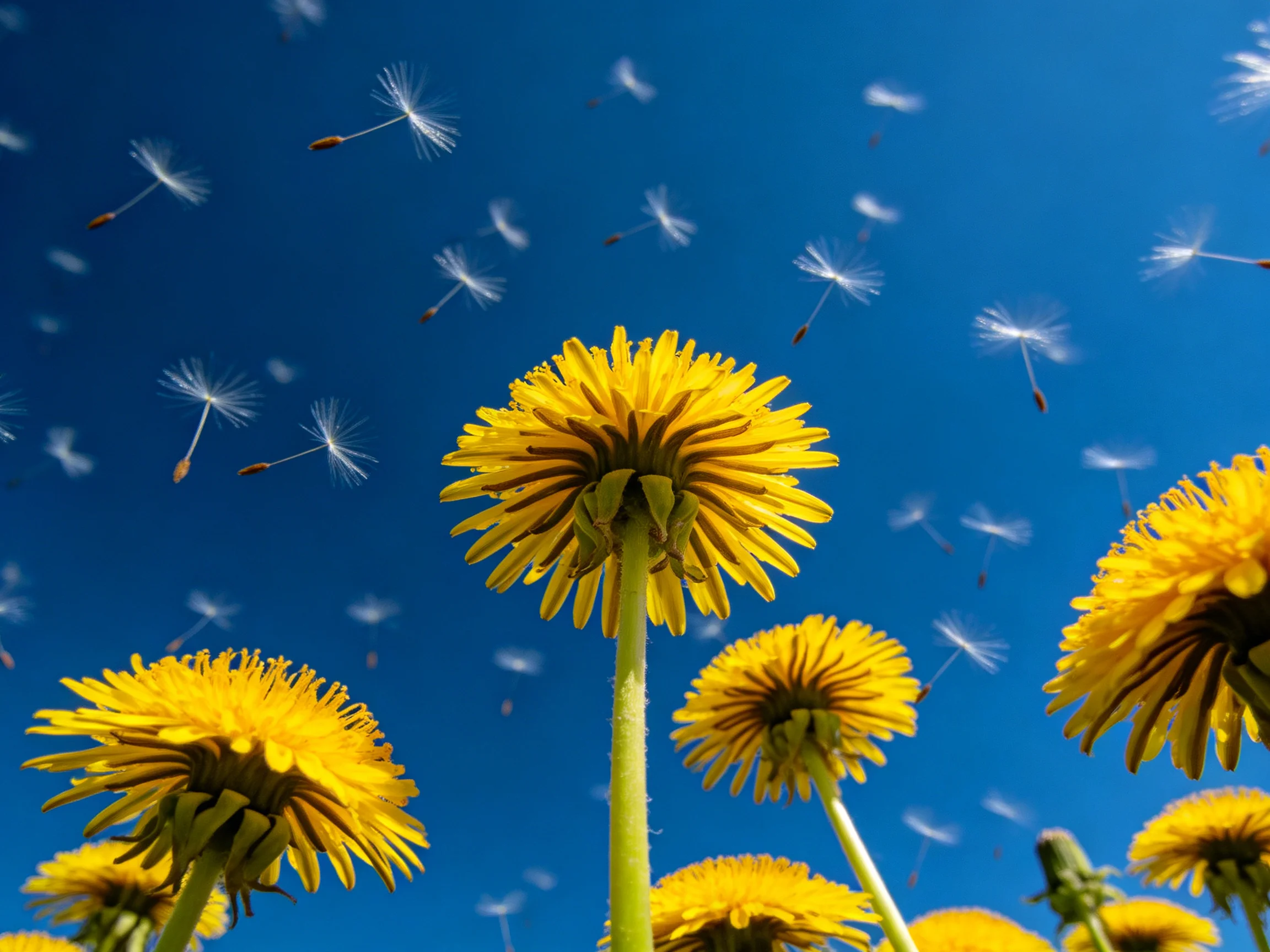 Bright yellow dandelions bloom against a clear blue sky with floating seed heads