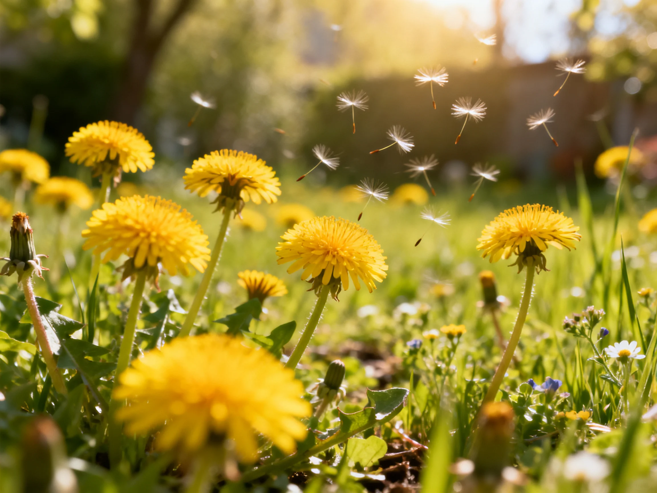 Bright yellow dandelions bloom among lush green grass with floating seeds