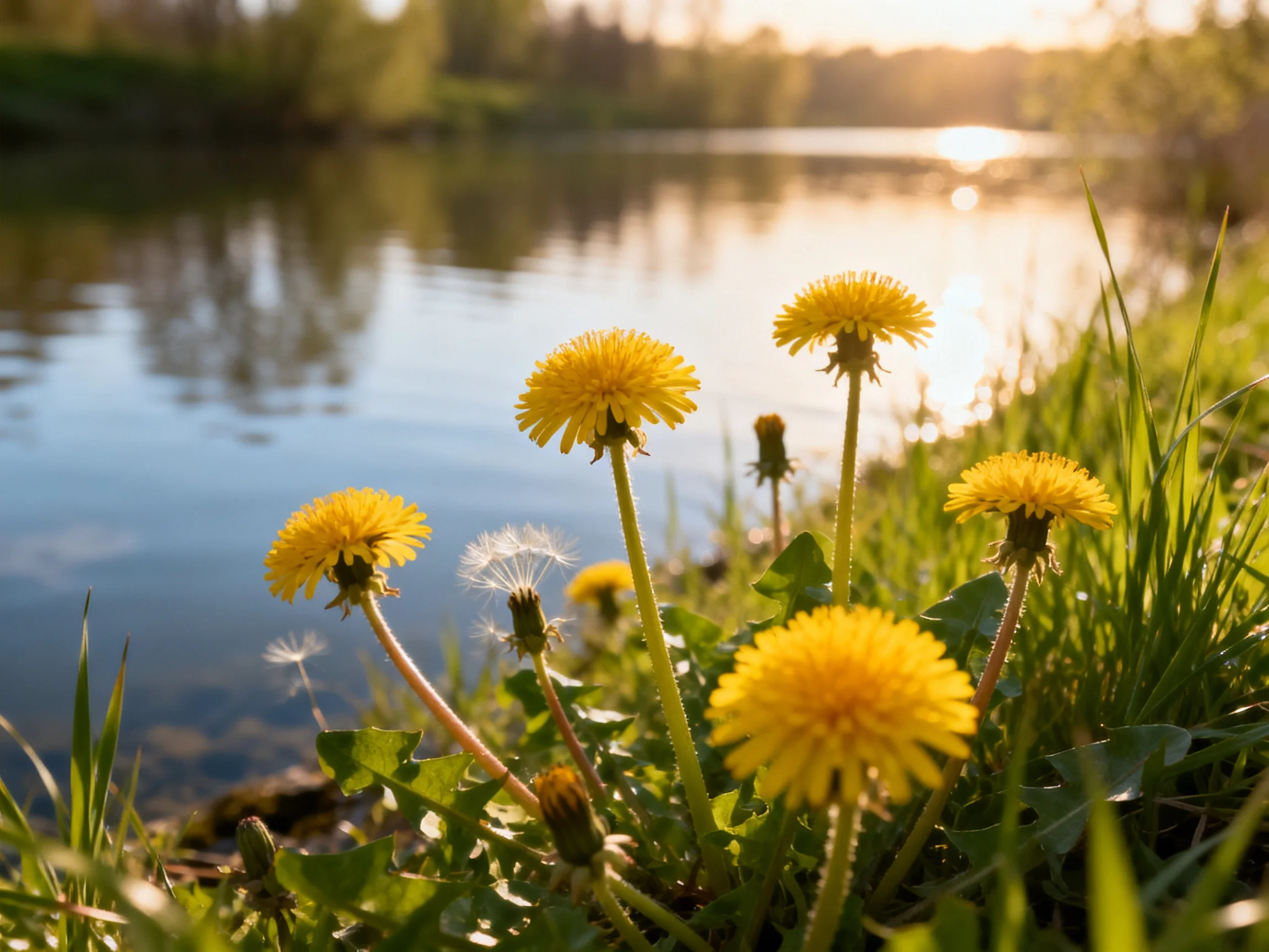Bright yellow dandelions bloom by a calm river at golden hour