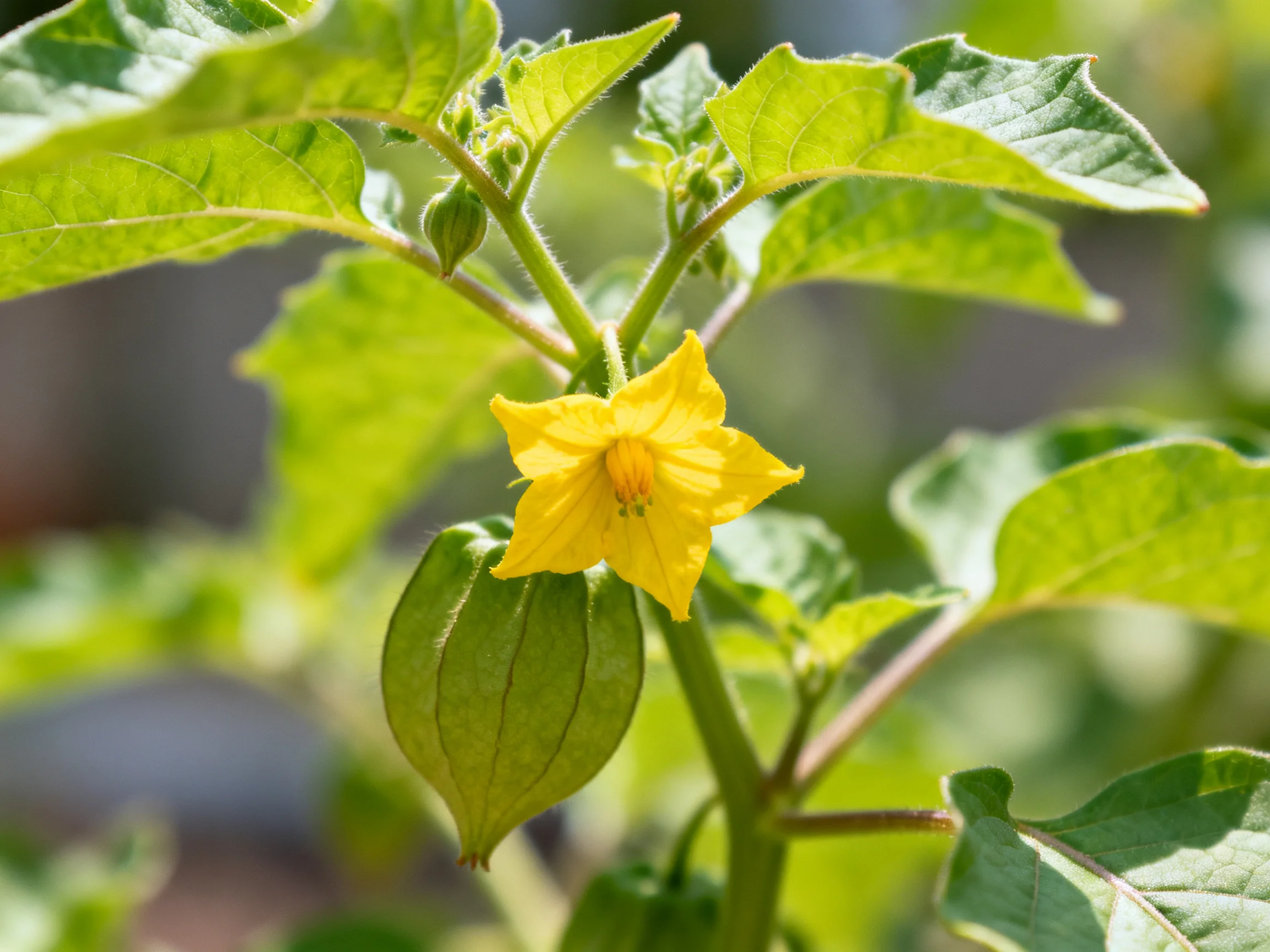 Bright yellow flower blooms amid lush green foliage with a small pod