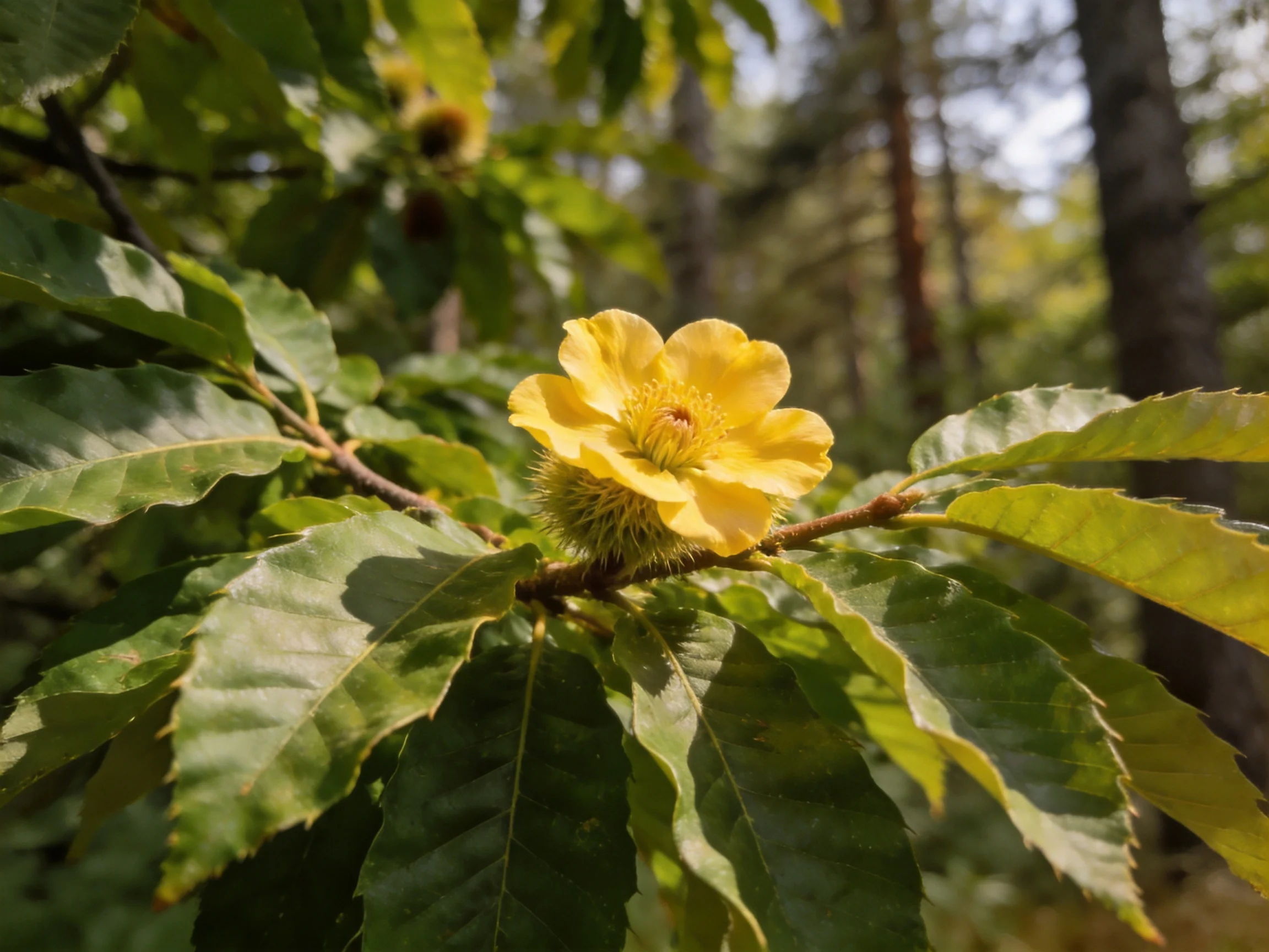 Bright yellow flower near spiky green chestnuts in sunlit forest