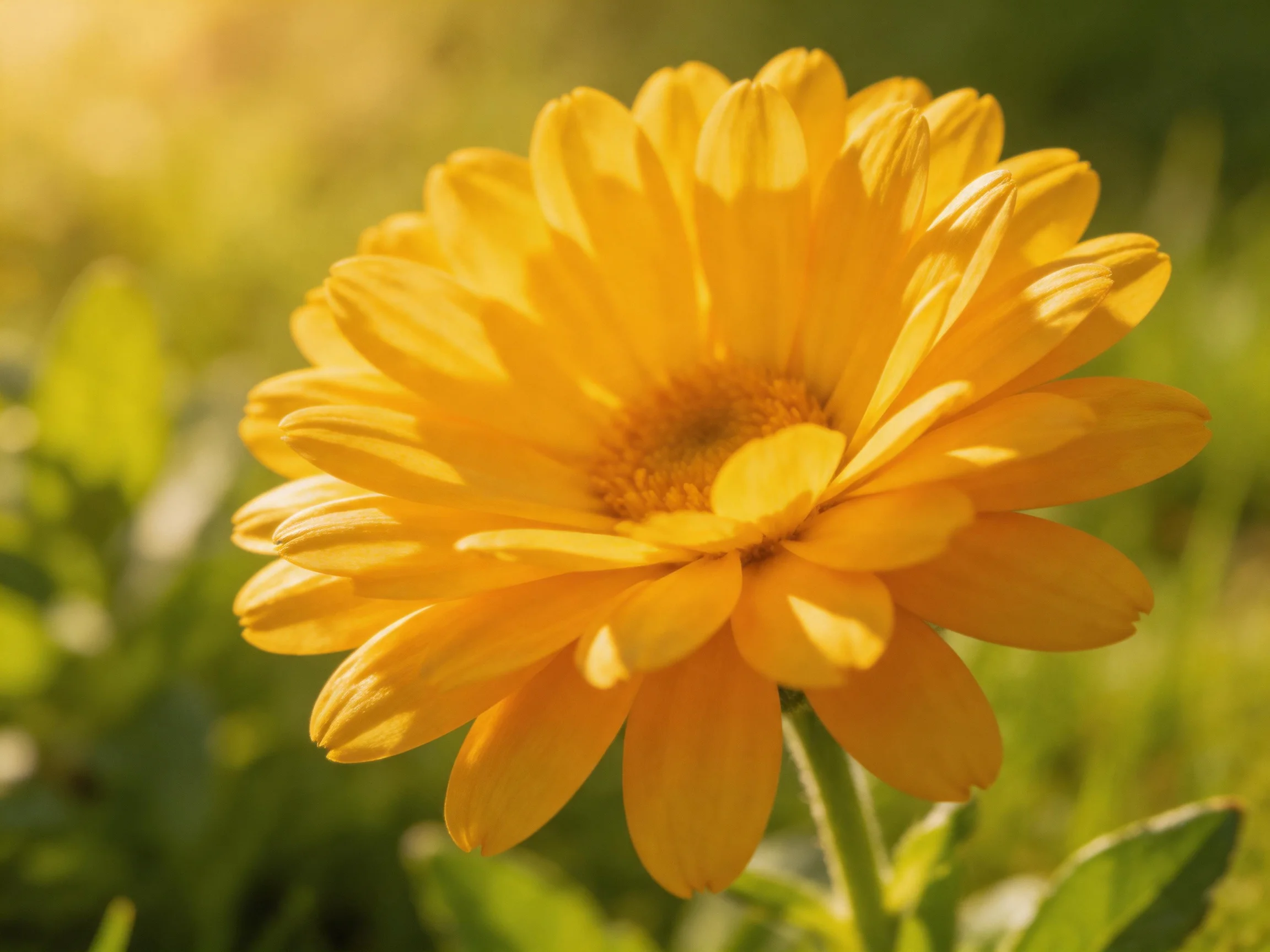 Bright yellow flower with layered petals in soft sunlight