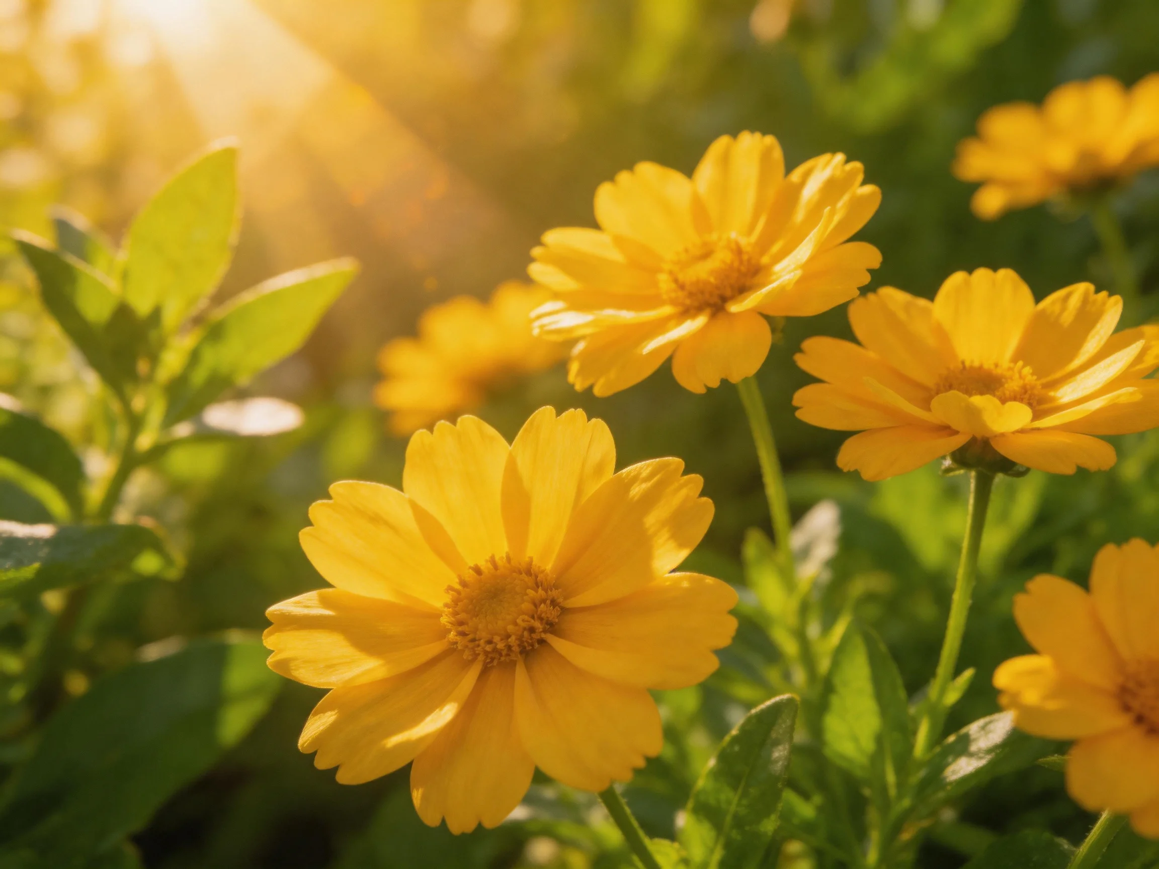 Bright yellow flowers bloom amid green foliage under sunlight