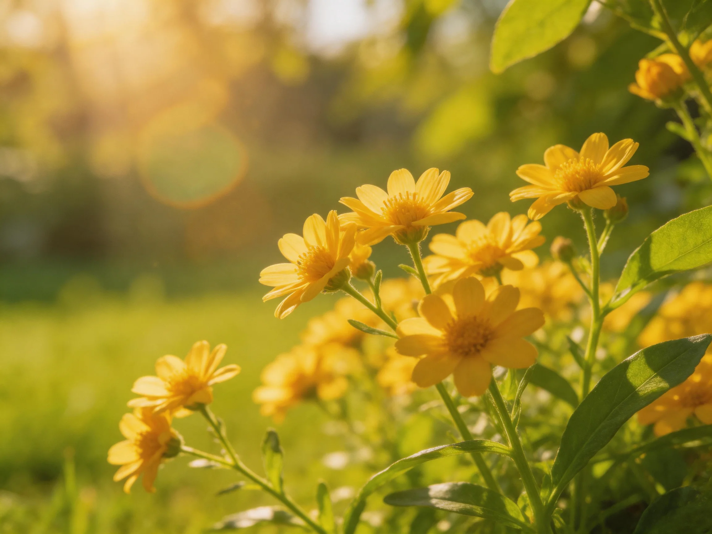 Bright yellow flowers bloom among lush green foliage under golden sunlight