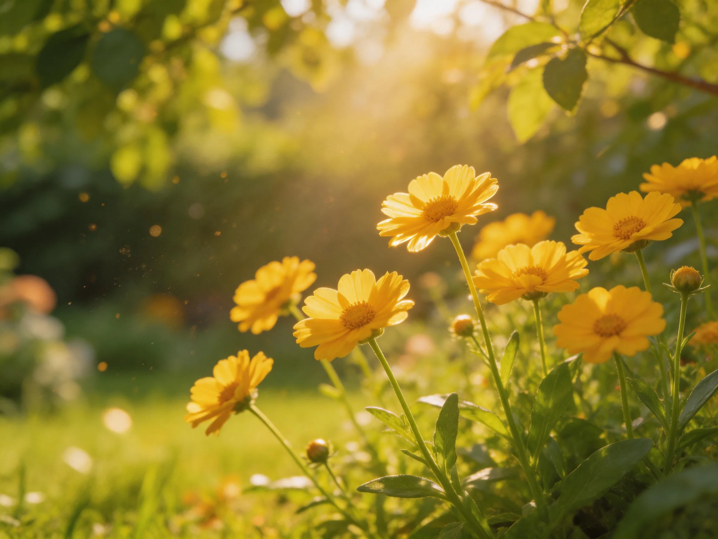 Bright yellow flowers bloom in a sun-drenched garden landscape