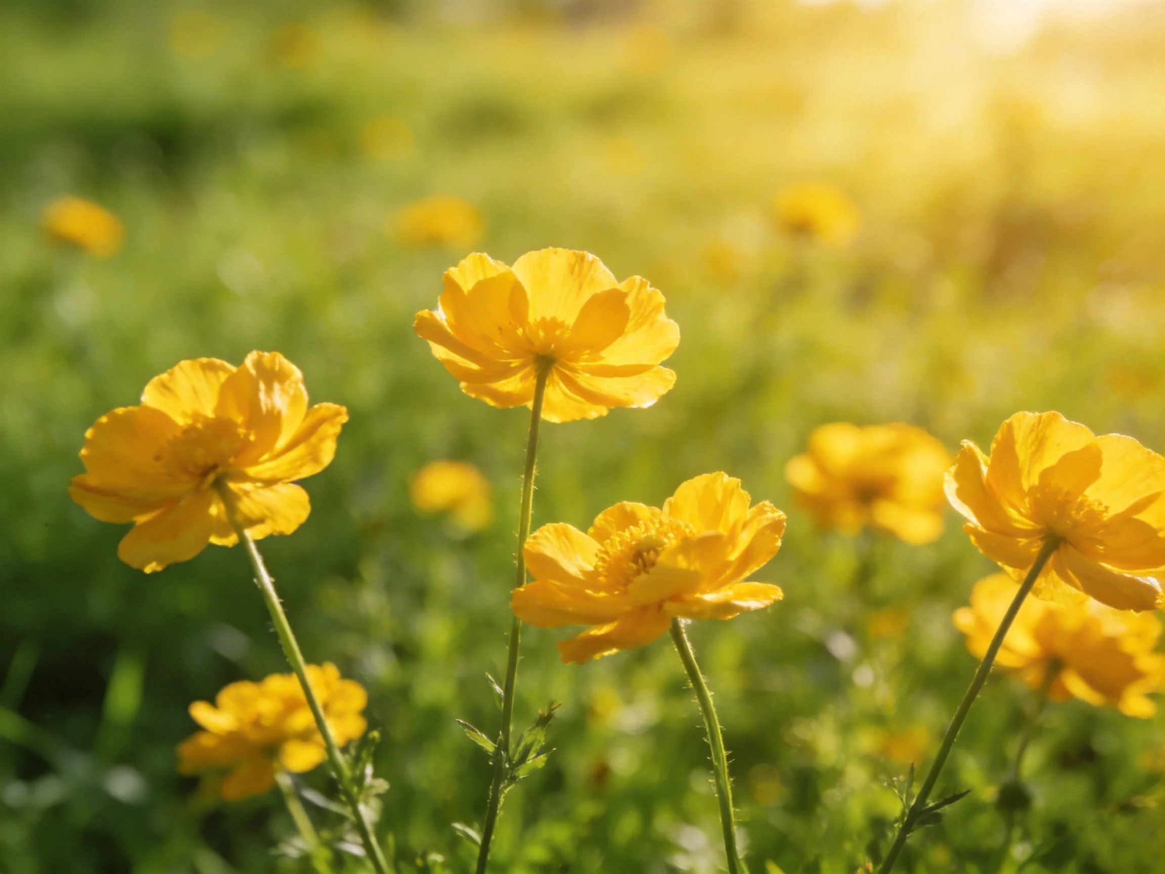 Bright yellow flowers bloom in a sunlit meadow