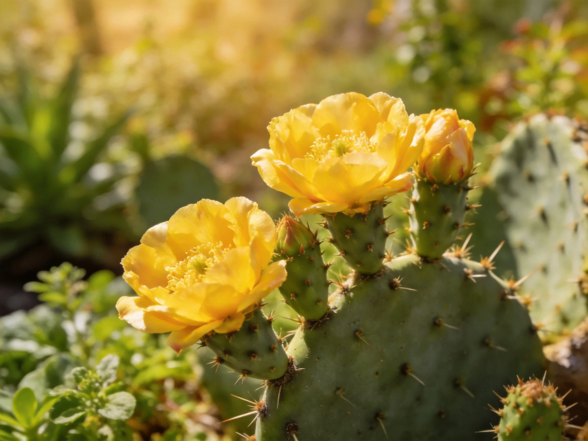 Bright yellow flowers bloom on a spiky green cactus amid lush foliage
