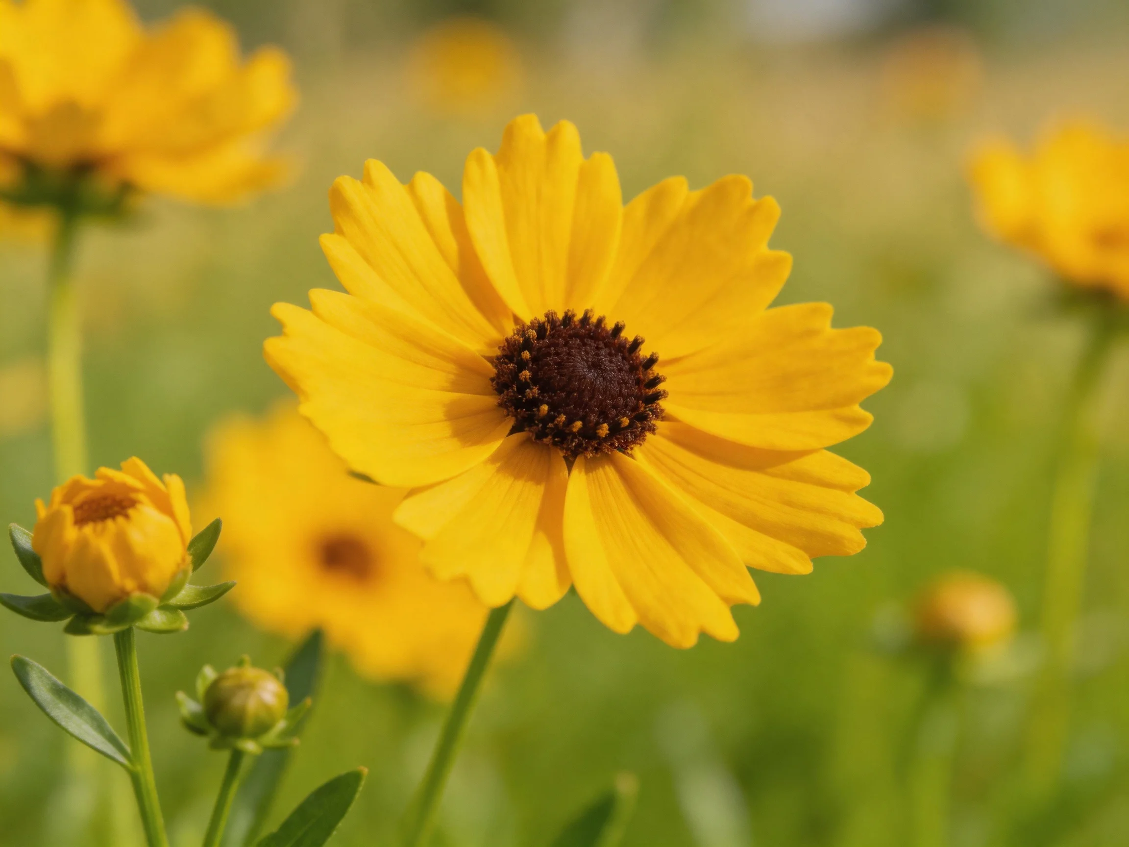 Bright yellow flowers with dark brown centers bloom in a green field